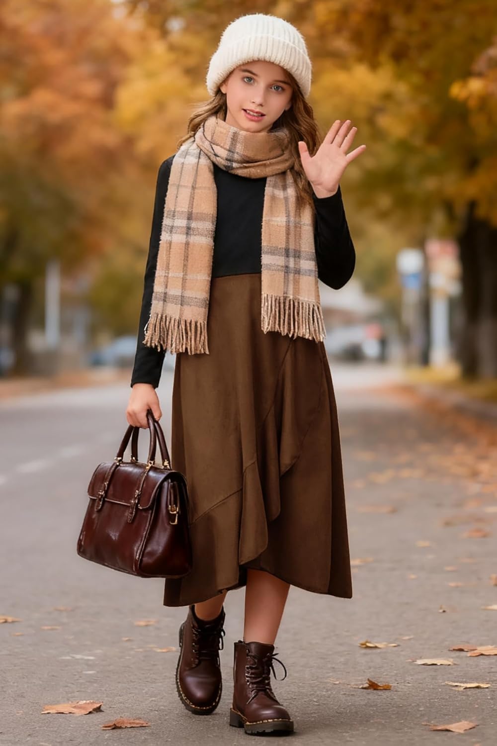 YOVION Girls Fall Long Sleeve Dress Knit Patchwork A-Line Ruffle High Low Casual Holiday Dresses with Pockets - Image 6