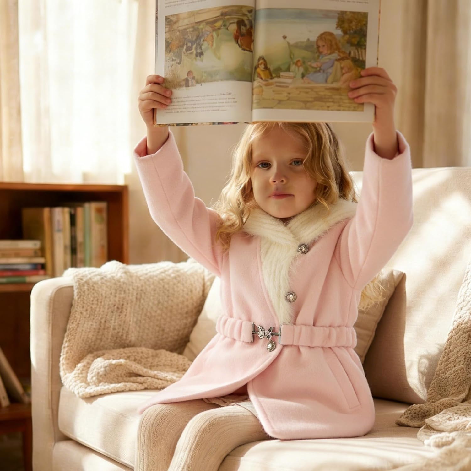 Girls Lapel Double-Faced Cashmere Dress Coat - Winter Warm Wool Blend Outerwear with Adjustable Belt - Image 3