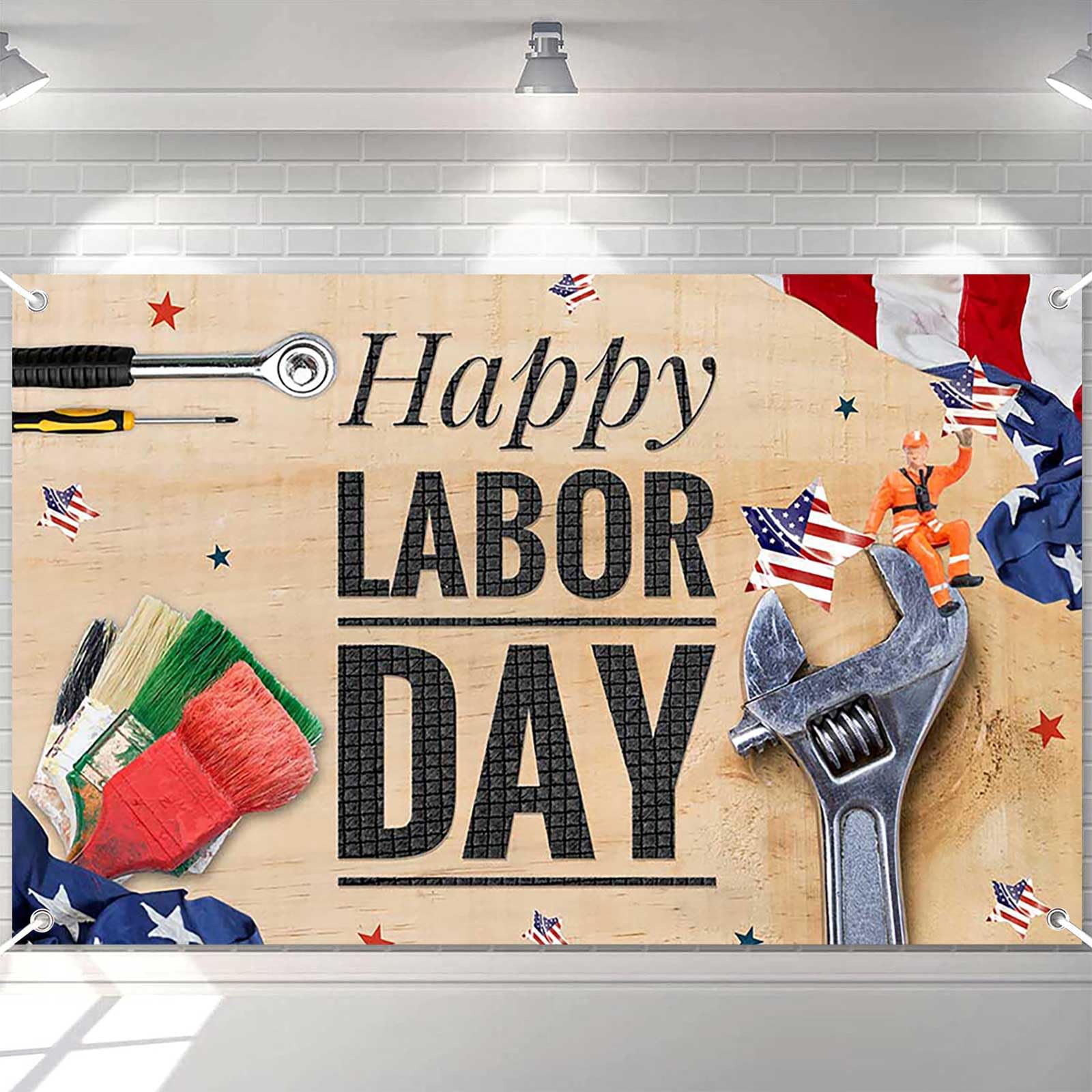 Ticuenicoa Happy Labor Day Banner - 70.8x43.3 Inch, Worker Holiday Celebration Photography Background, Patriotic Flag Decor for Celebrations, Work,