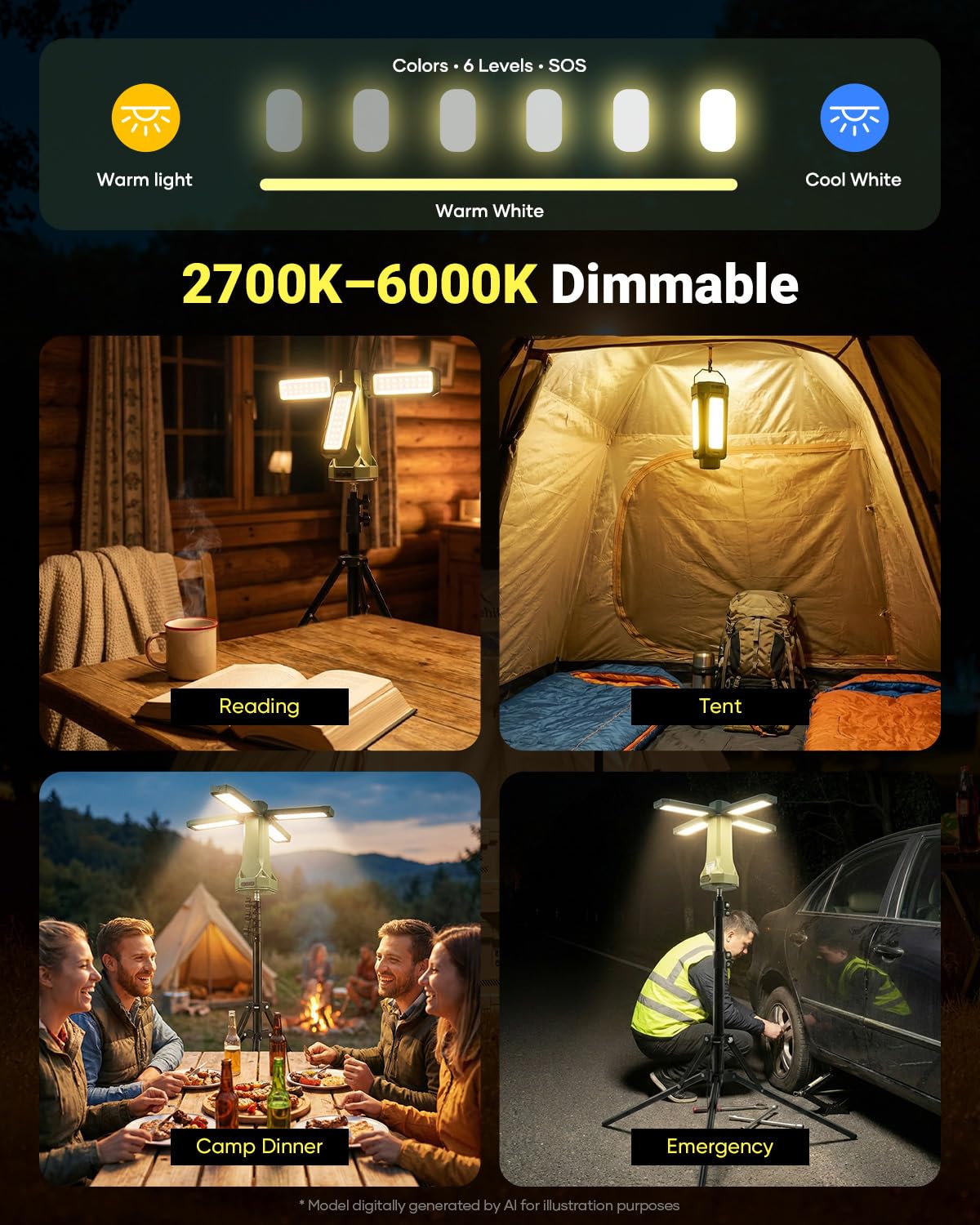 SakerNeo 20.000 mAh wiederaufladbare Campingleuchte mit Ständer, tragbares Arbeitslicht | 6500 Lumen, 2700 K-6000 K, dimmbar, höhenverstellbar, mit Magnetfuß, für Zelt, Notfall, Außenbereich