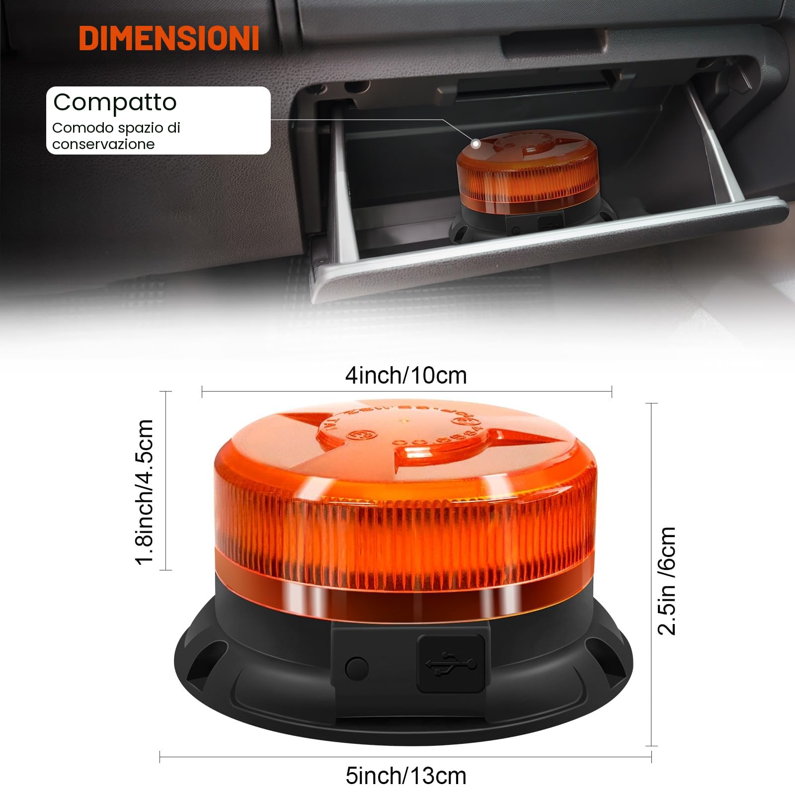 AnTom Luce LED stroboscopica lampeggiante di emergenza batteria,12V 9 Modalità con Cavo Alimentazione e USB cavo di ricarica Base Magnetica Lampeggiante per veicoli Carrelli trattori golf UTV
