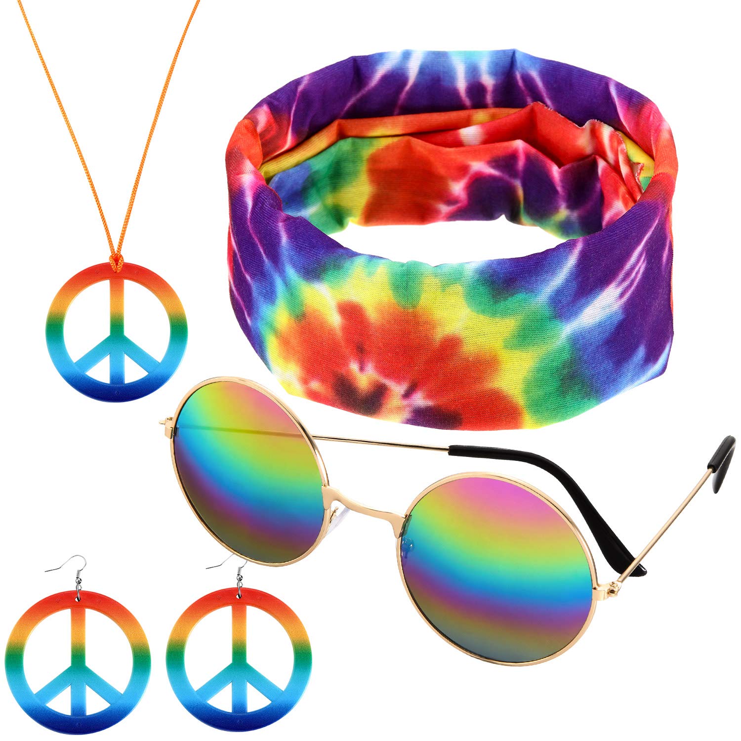 Frienda 4 Pcs Hippie Accessories 60s 70s Tie Dye Leopard Outfits Hippie Headbands Peace Sign Earrings Necklace Sunglasses
