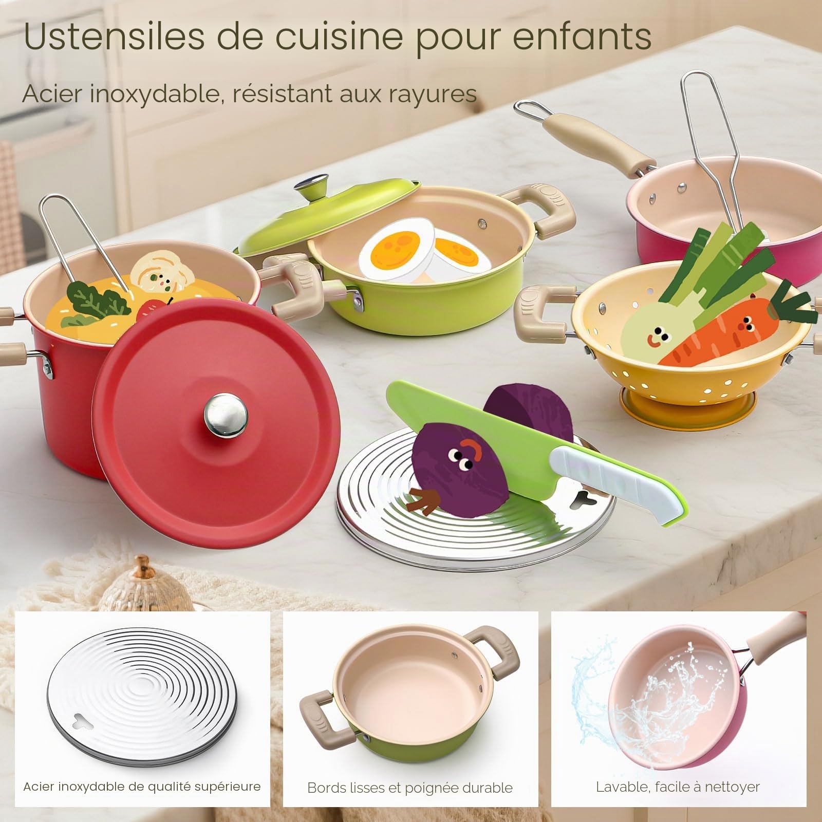 Tacobear Accessoire Cuisine Enfant Casserole et Poêle en Acier Inoxydable Ustensile Cuisine avec Tablier Gant Jeu de Rôle de Chef Cadeau Éducatif Jouet 3 4 5 Ans Garçon Fille