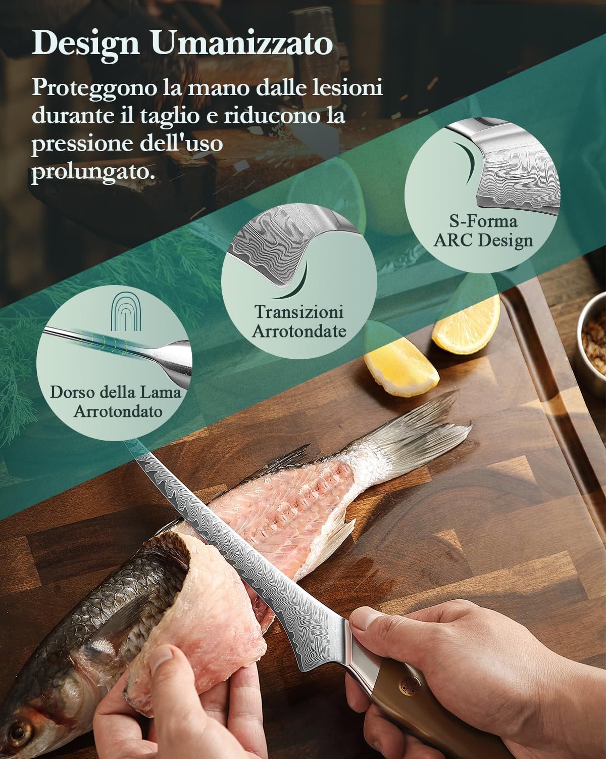 HEZHEN Damasco Coltello per Sfilettare, Profesional Pesce Filetto Coltelli da Disosso Filettare, Confortevole Full Tang Manico