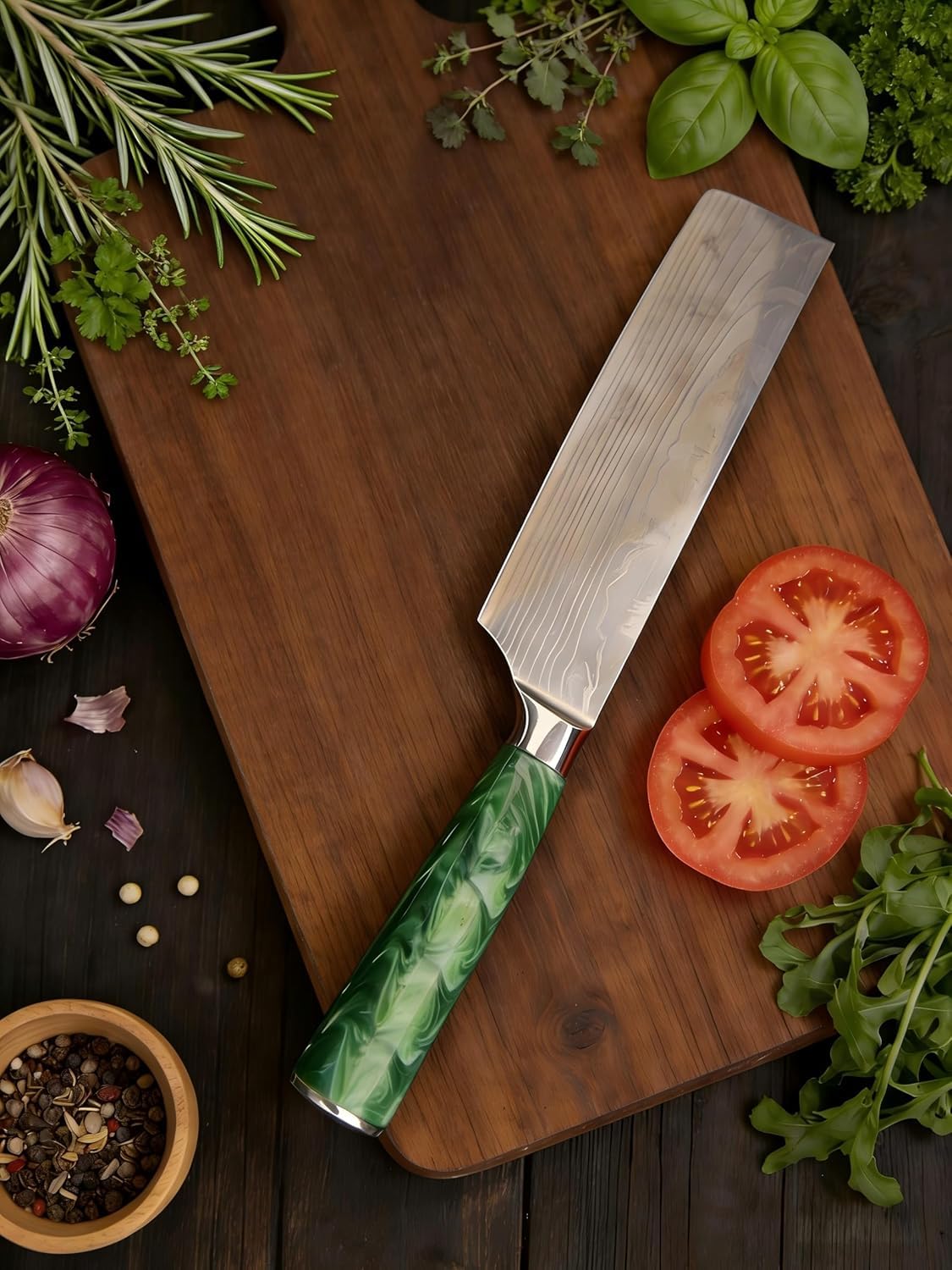 Set Coltelli da Cucina, 10pz, con Coltelli da disosso, Coltelli per frutta e Coltelli da Chef, Manico in resina, Acciaio Inossidabile, Damasco, set coltelli da cucina professionali(Verde)