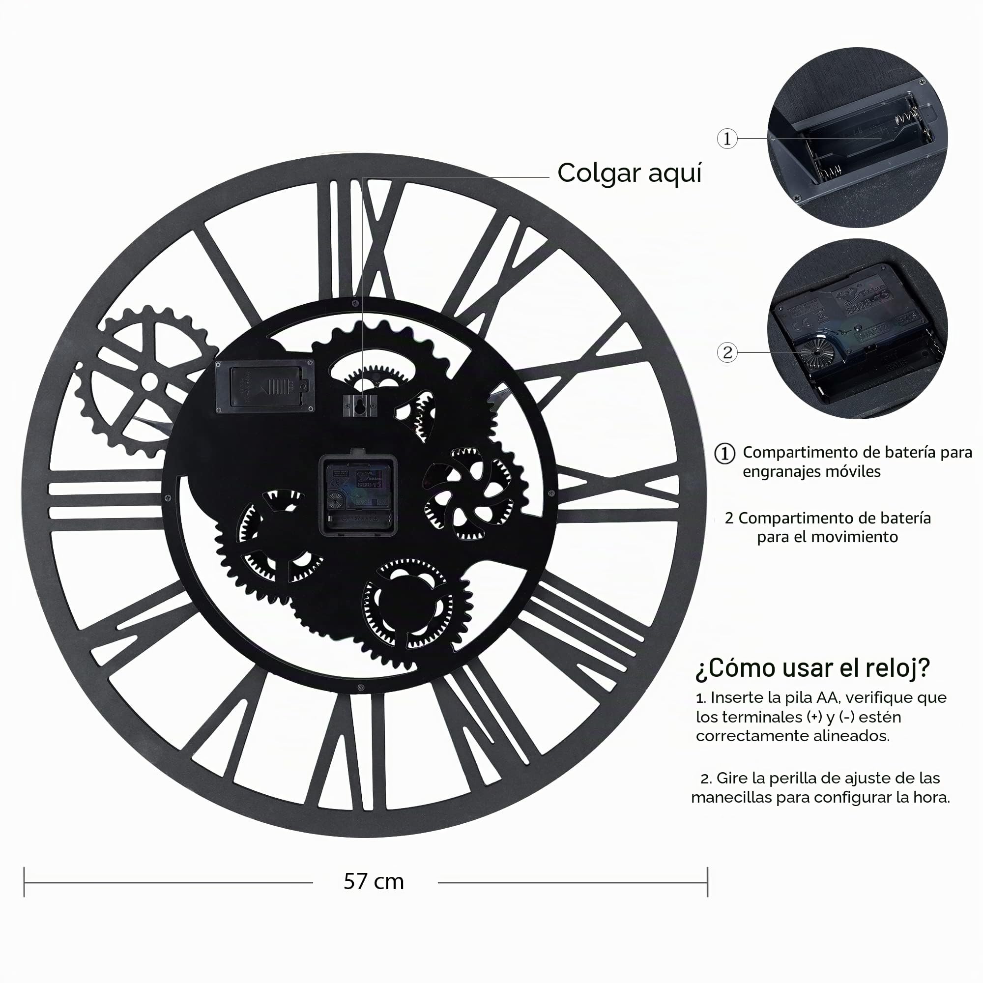 Lafocuse Reloj de Pared Grande Salon Engranajes Giratorios, Vintage Madera Marrón 57 cm Industrial Steampunk, Rustico Números Romanos Retro para Bar Cafetería Cocina