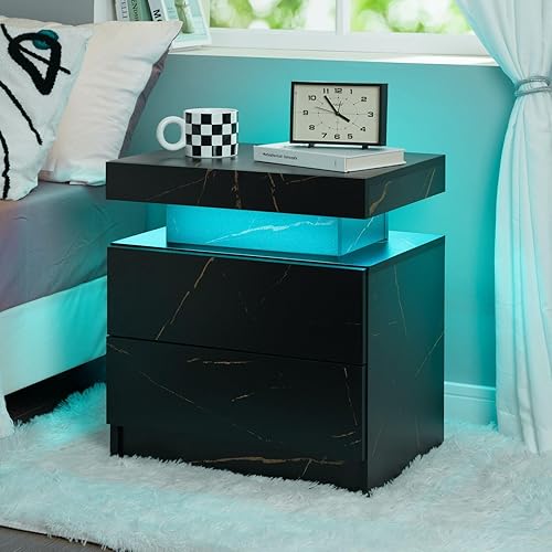 Miniatura 63 de Generic Juego de 2 Mesita de noche con 2 cajones, mesa de noche con cajones para muebles de dormitorio, mesa auxiliar con luz LED Blanco,Negro