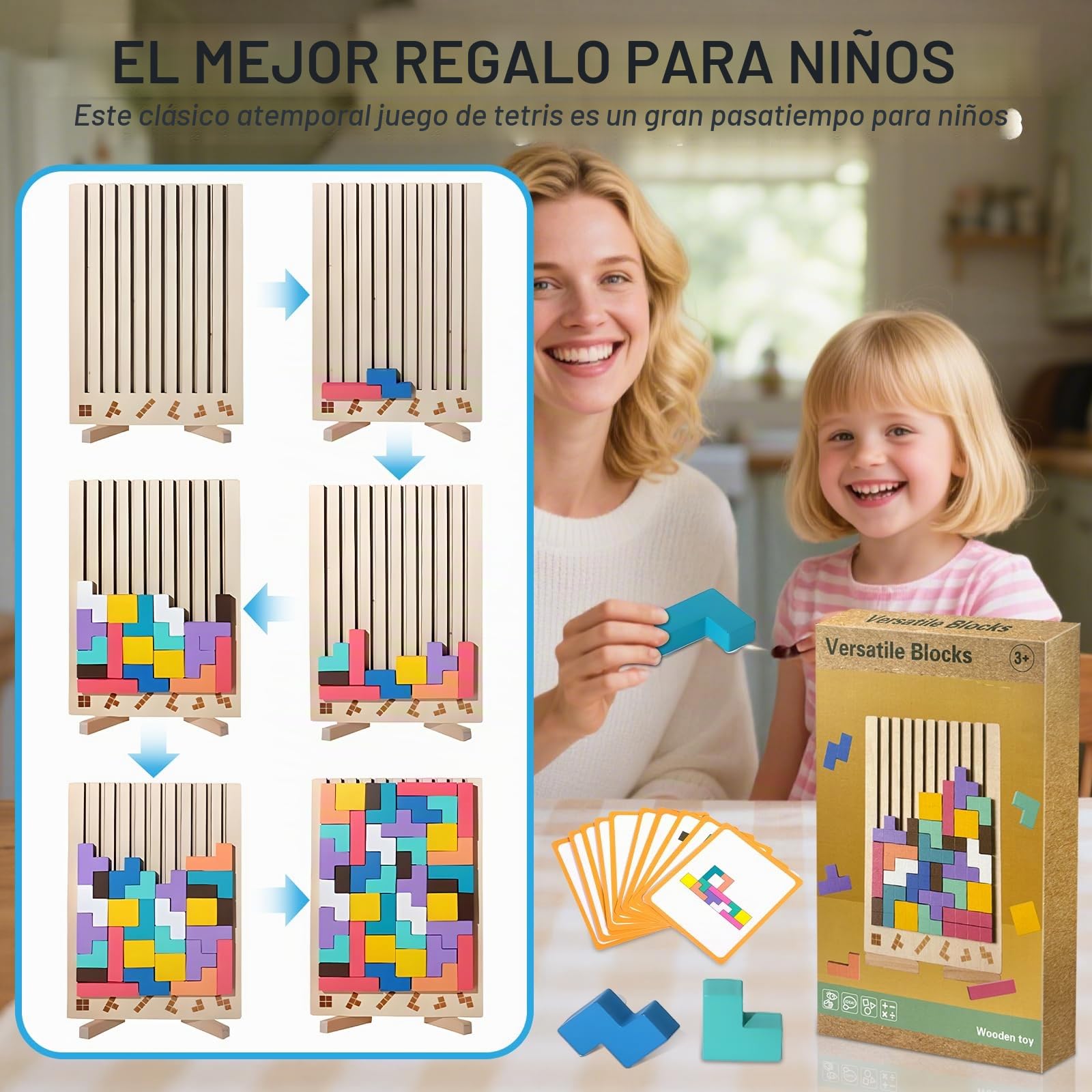 ZLPBAO Puzzle de Madera Tetris con 10 Tarjetas y Bolsa de Almacenamiento, Rompecabezas Niños, Tetris Puzzle 3D Madera,Juguetes Sensoriales, Juegos Montessori 3 4 5 6 Años
