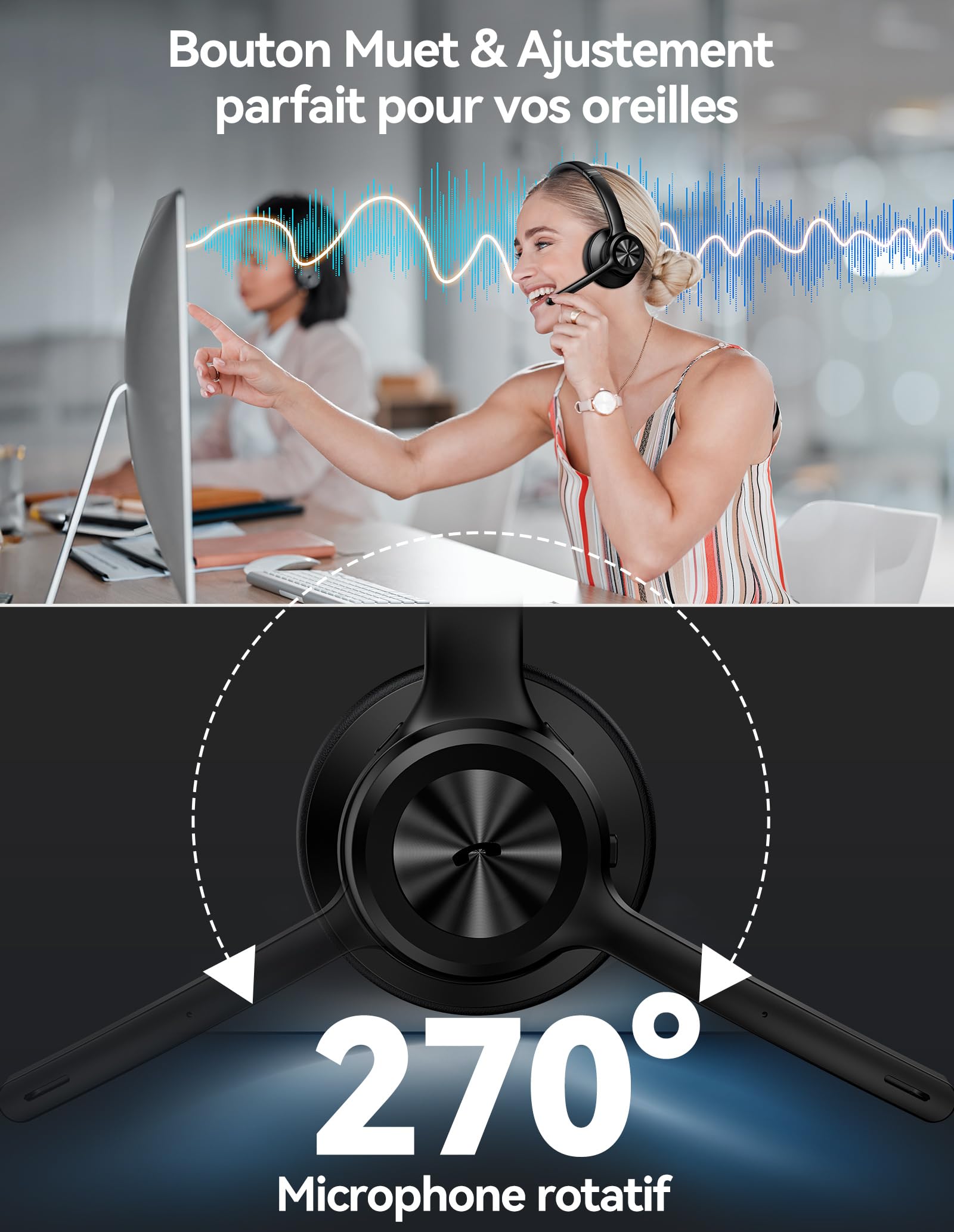 TECKNET Écouteurs Bluetooth V5.2 avec Microphone, sans Fil, avec réduction de Bruit et Coupure du Microphone, Rechargeables, Supra-Auriculaires, pour Chauffeurs Routiers, centres d'appels et Bureaux