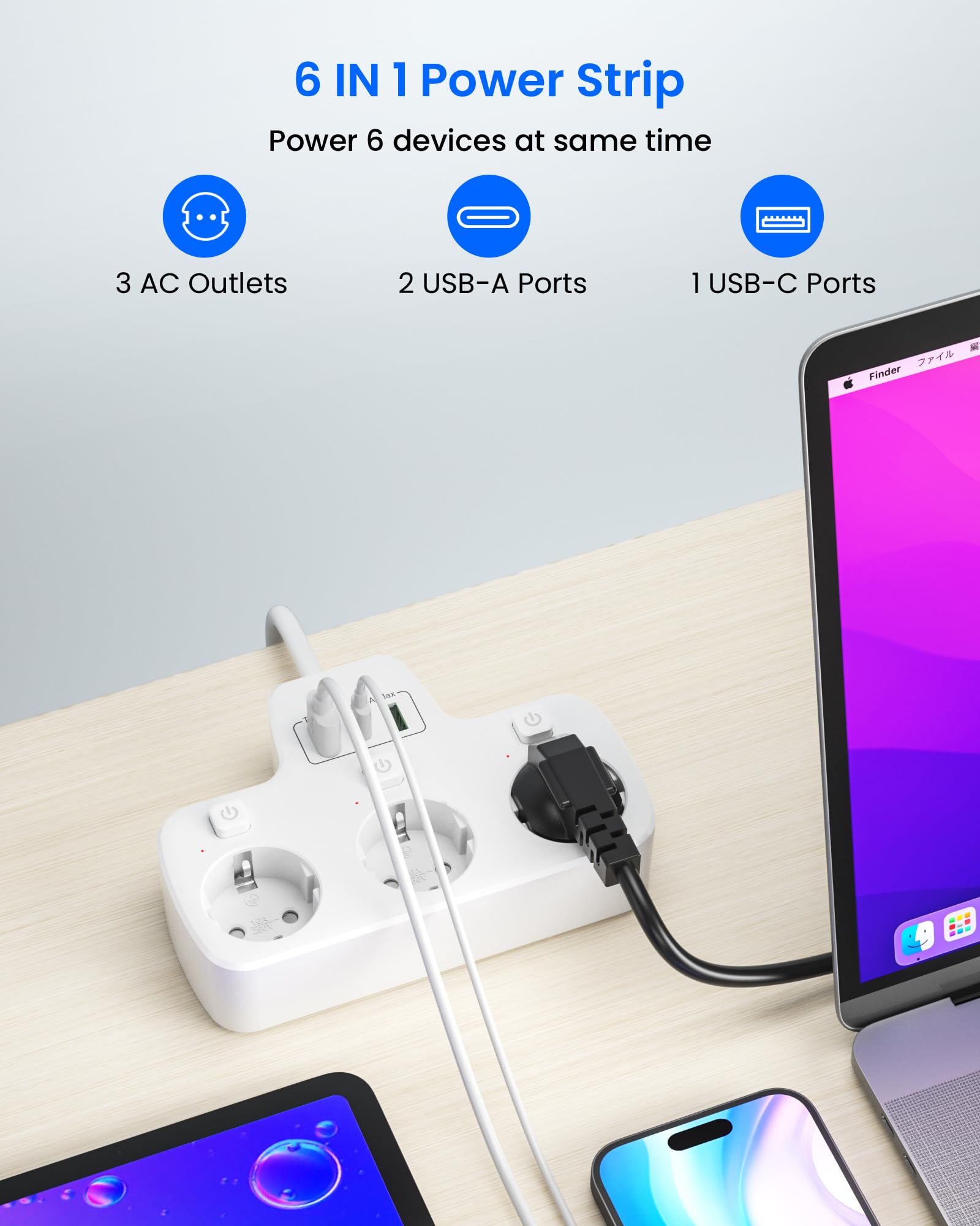 Regleta Enchufes Plano con Interruptor Individual,Ladron Enchufes USB C 3 Tomas Schuko,Enchufe Multiple Pared Clavija Extra Plana,Outlet Extender 2M Alargador Cable,Tomadas Electricas,Blanco