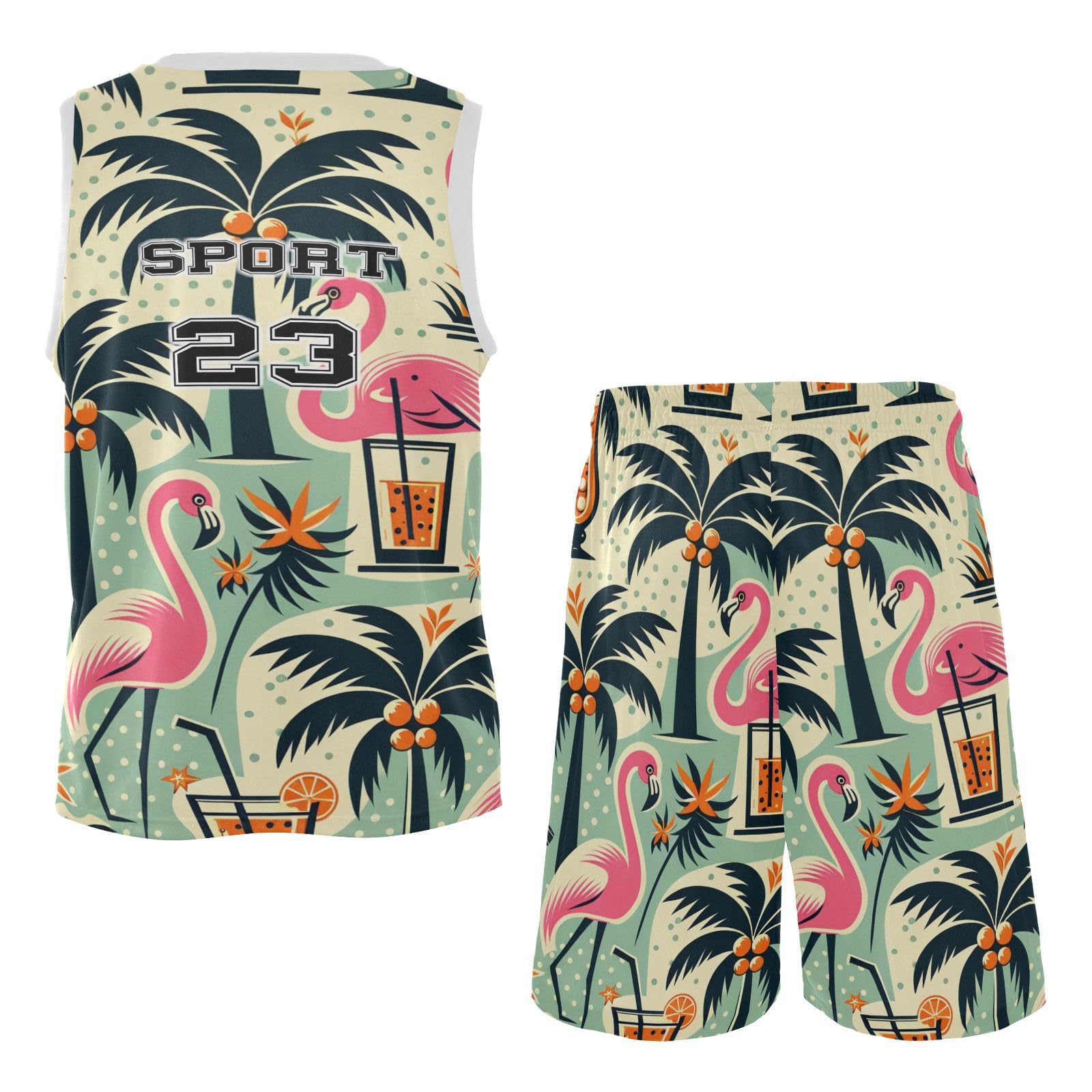 FLildon Tropical Trees Flamingos Drinks Boys Basketball Jersey Set Tank Top Shorts Tracksuit Sport Training Suit for Kids, XL