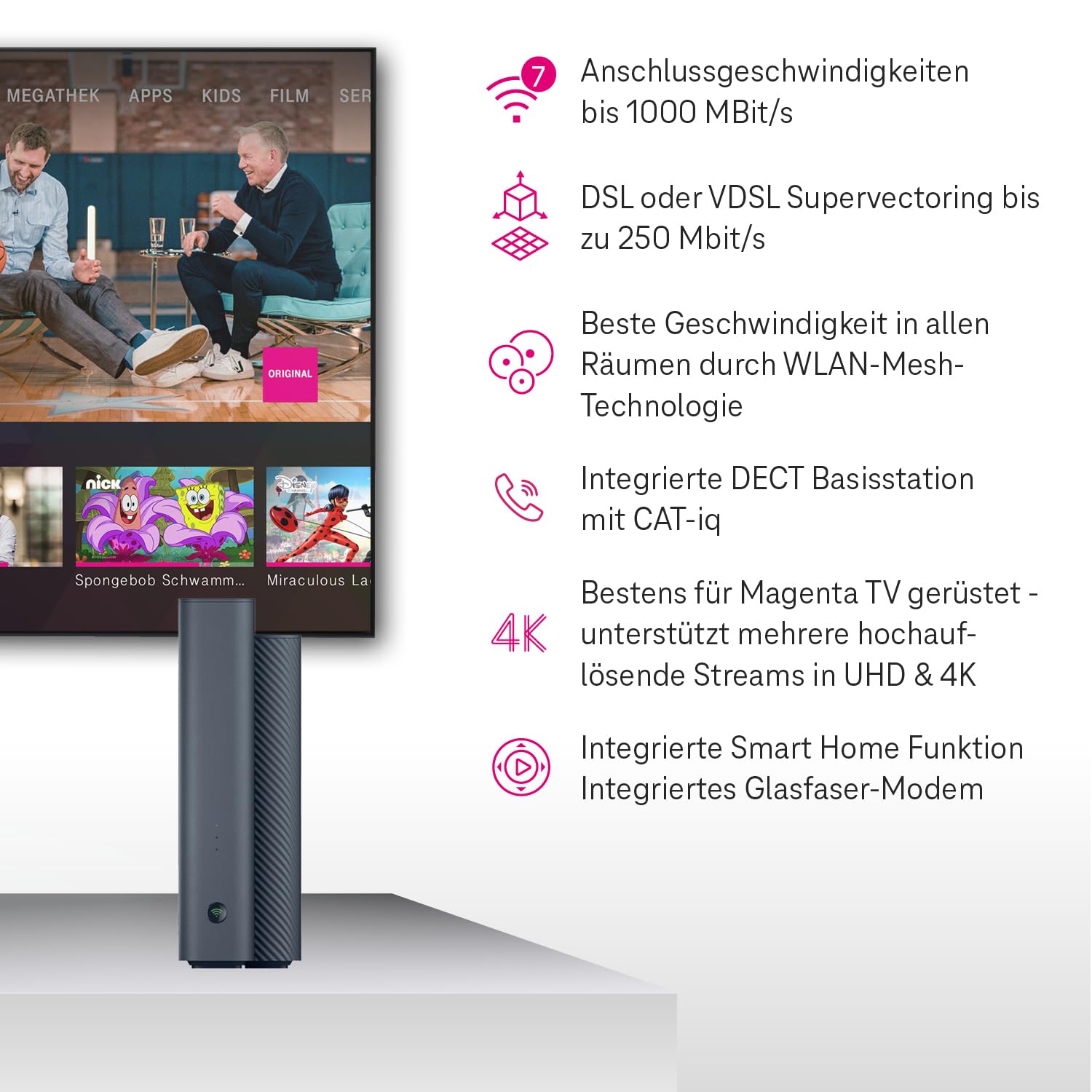 Telekom Router Speedport 7 I Wi-Fi 7 Router für Telekom-Anschluss I Glasfaser-Modem I Bis zu 6.760 Mbit/s | Mesh-Technologie & Magenta SmartHome Basis integriert I Ideal für Entertain TV in UHD & 4K