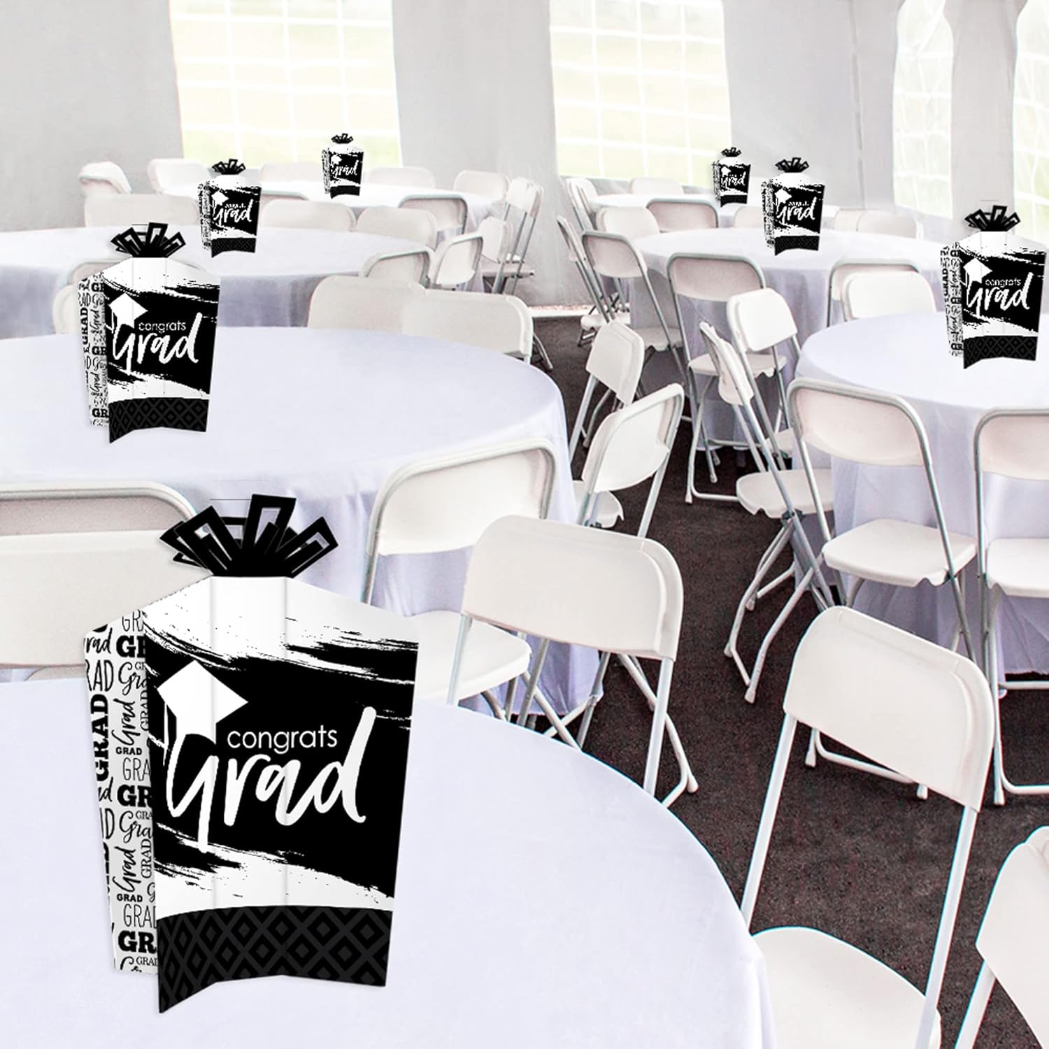 Big Dot of Happiness Black and White Graduation Table Decorations - Party Fold and Flare Centerpieces - 10 Count