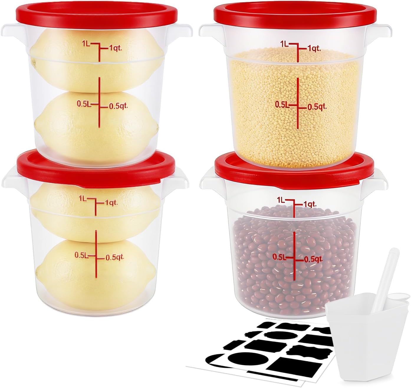 Round Food Storage Containers with Lids, 4 Sets (6 Sizes),BPA-Free Plastic Canisters for Kitchen Pantry, Stackable Organization Bulk Dry Food Containers (Red, 1L-4pack)