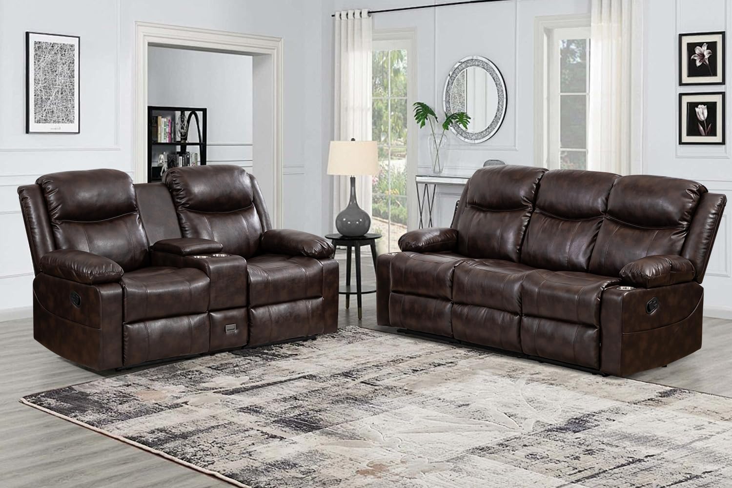 CALIVIA Manual Reclining Sofa Set, Double Recliner Loveseat and 3-Seater Sofa for Living Room, Faux Leather Upholstery with Sturdy Frame & Soft