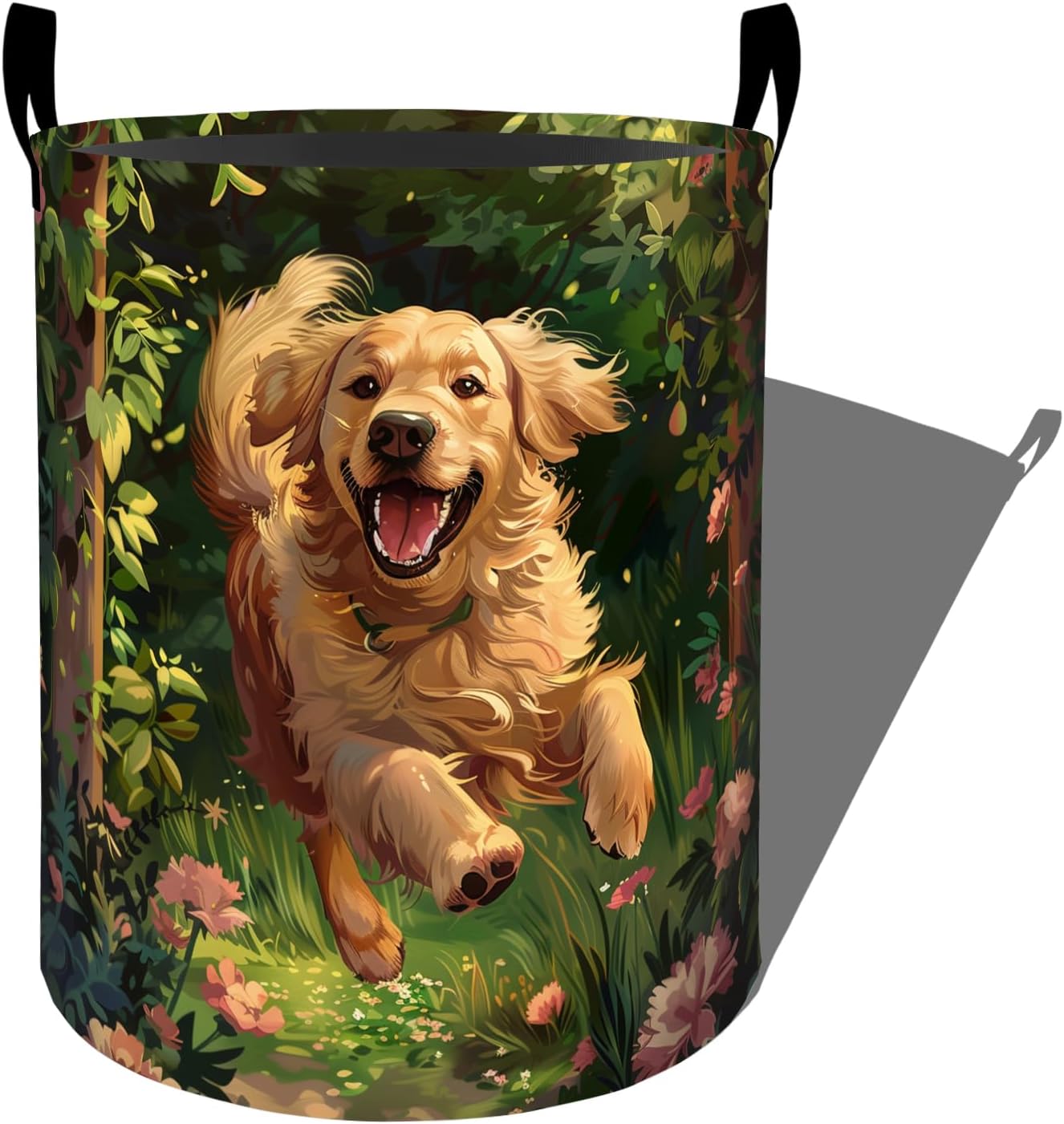Energetic Running Golden Retriever Laundry Basket with Handles, 19.7"x15.7" Clothes Foldable Laundry Hamper Organizer for Dorm Nursery Bedroom Bathroom Decor, Toy Storage Bin for Kids