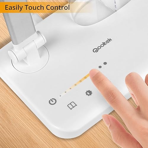 Miniatura 10 de Qooltek Lámpara de escritorio LED con control táctil con doble cabezal ajustable y puerto de carga USB, lámpara de mesa de bajo consumo con soporte