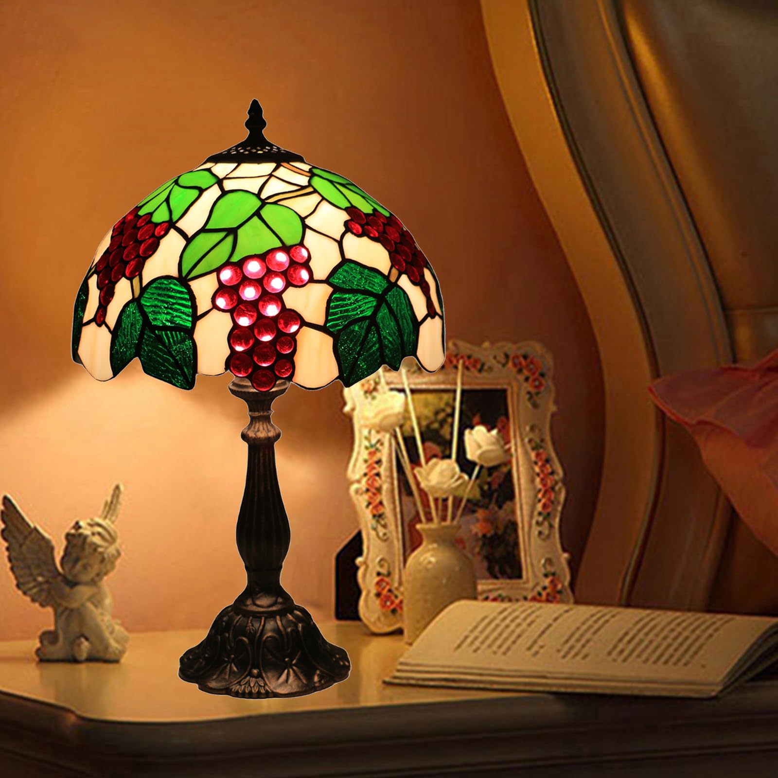 Tiffany Tischlampe, 12 Zoll Retro Lampe, Vintage Nachttischlampe, Deko Tischleuchte, Handcraft Bunte Glas Lampenschirm, Traube Muster, Mit E27 LED Glühbirne, für Schlafzimmer Wohnzimmer Büro