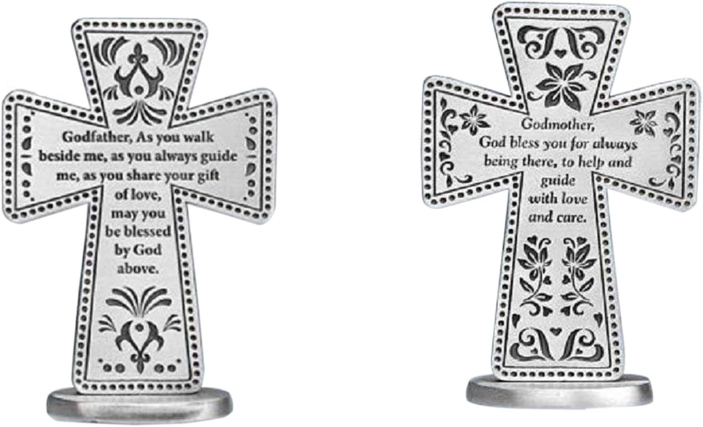 Pewter Godmother & Godfather Standing Message Cross Set (2 Pcs)