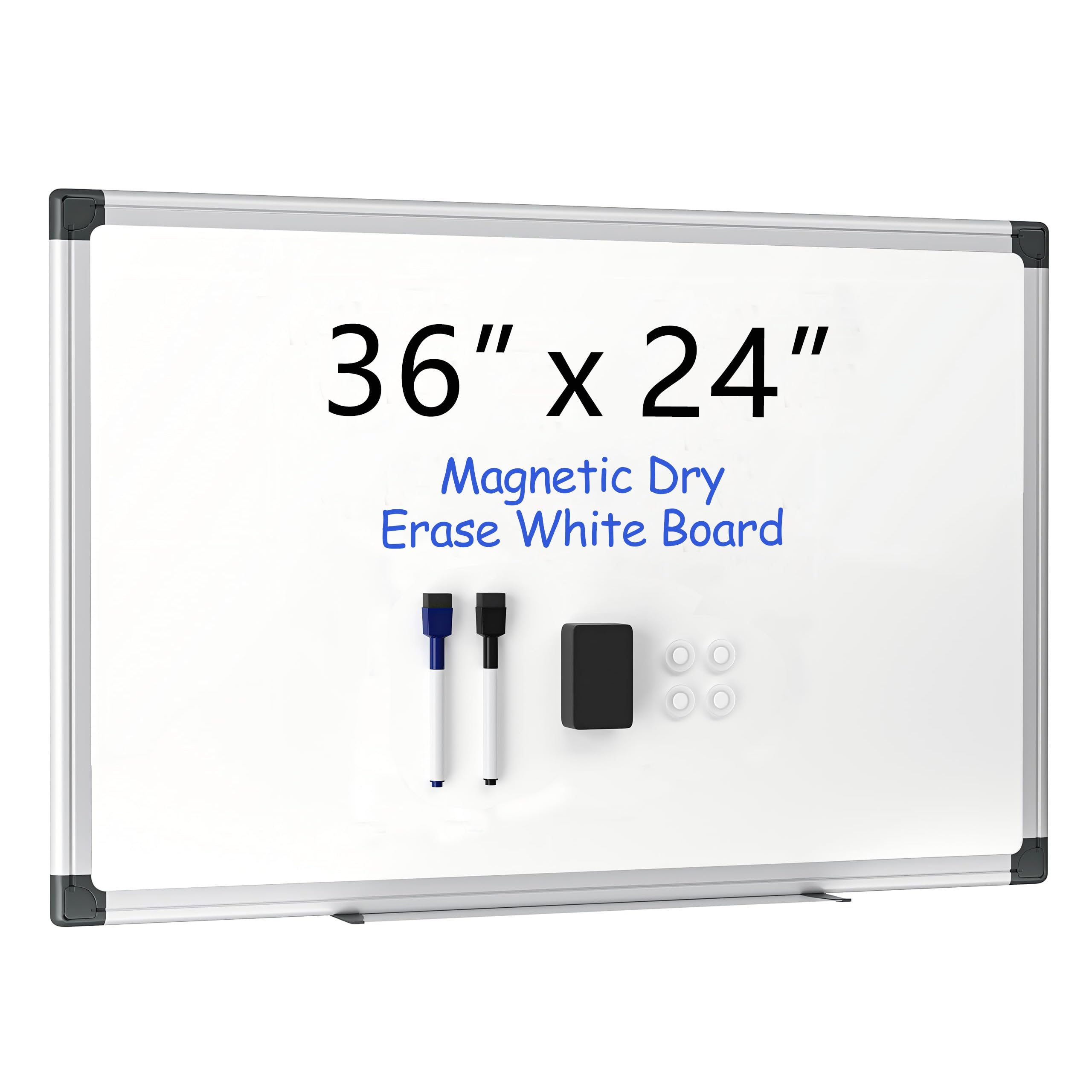 vusign 36" x 24" magnetic whiteboard for wall, dry erase board with silver aluminum frame, hanging white board for office, home, classroom – includes 1 eraser, 2 multicolor markers & 4 magnets