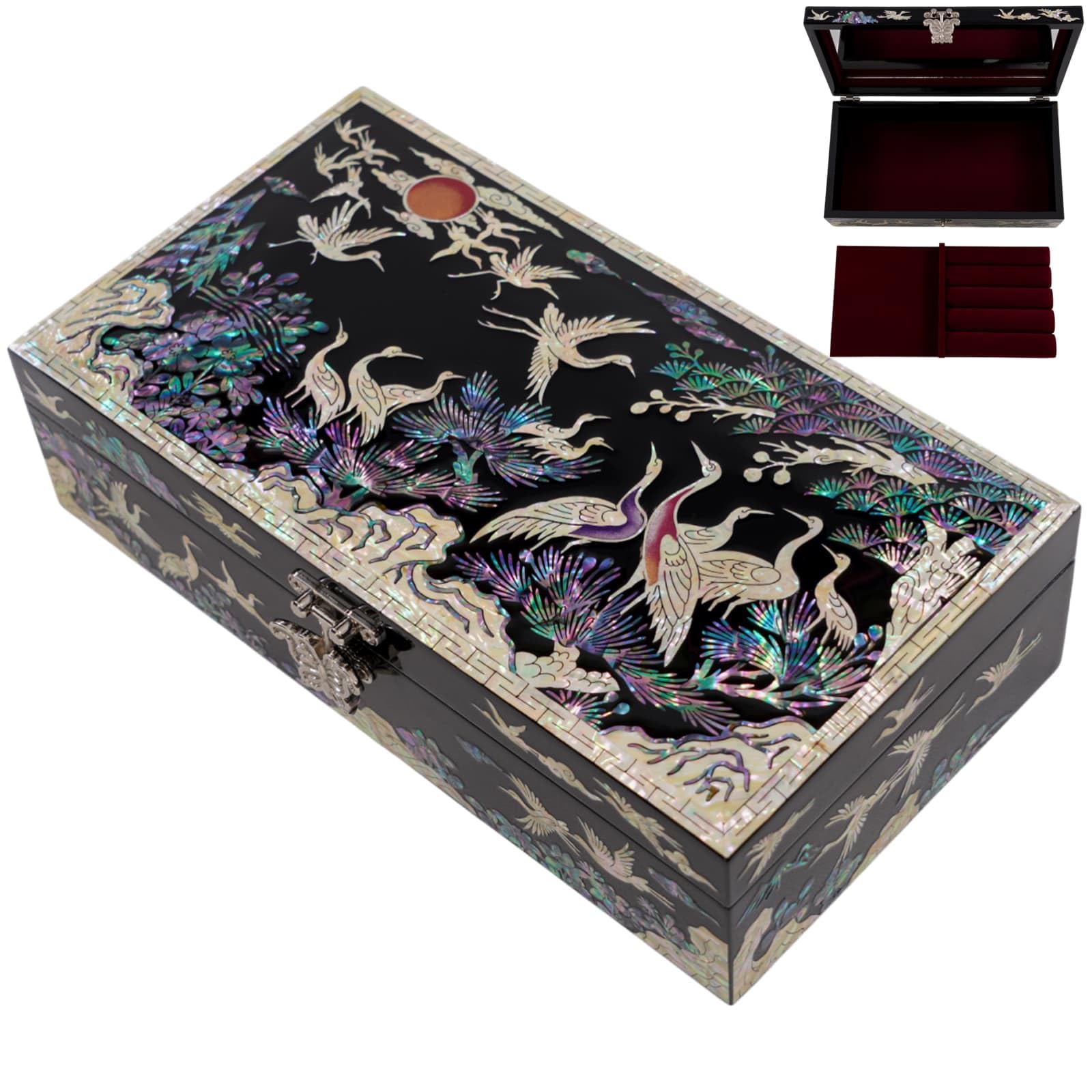 February Mountain Women's Black Mother Of Pearl Jewelry Organizer Box - Romantic Anniversary Mother's Day Christmas Graduation Birthday Gifts For (Cranes With Red Sun)