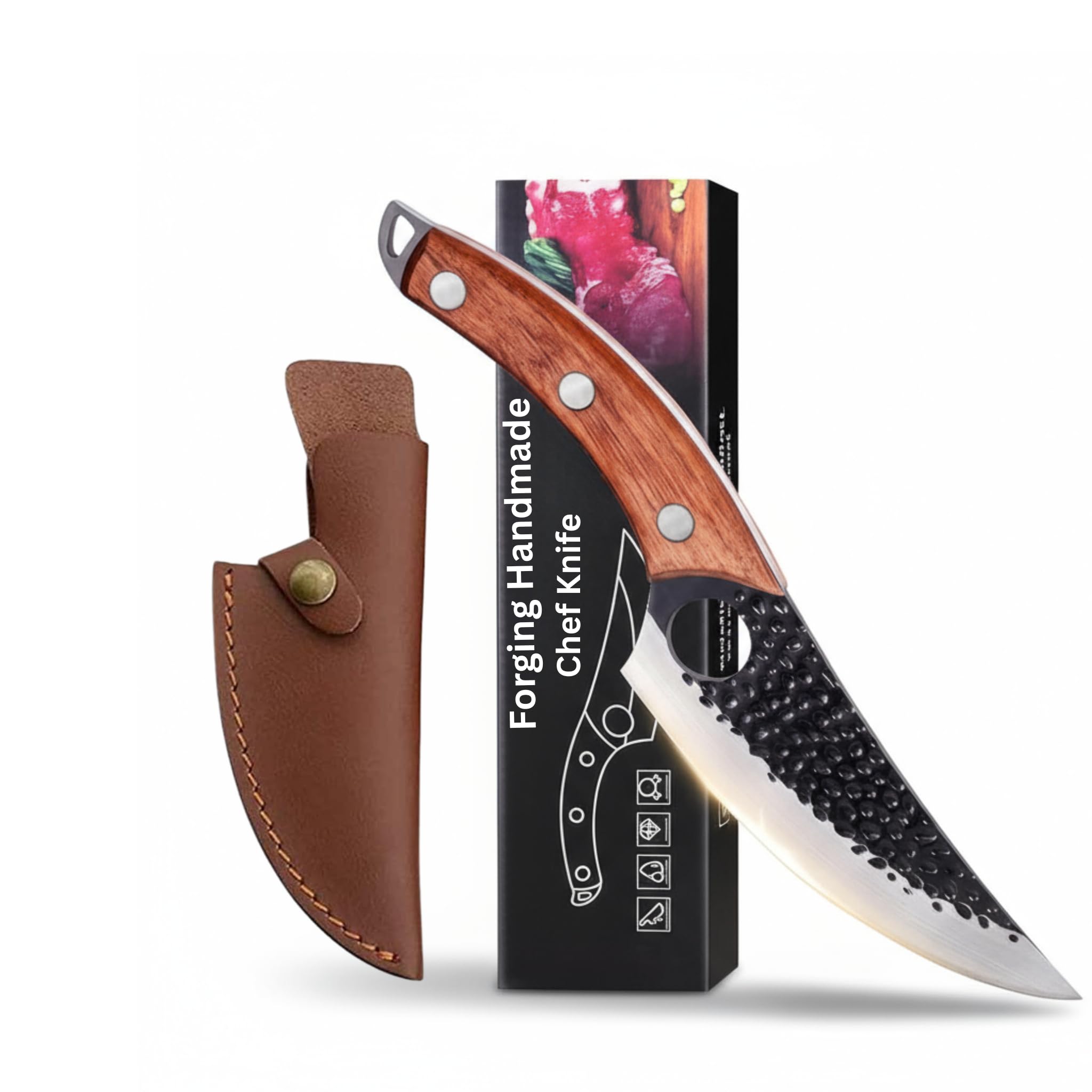 BRISTIVA Professional Japanese Chef Knife with Hammered Damascus Steel Blade, Wooden Handle, Premium Kitchen Cutlery, Leather Sheath Included (Wooden Handle)
