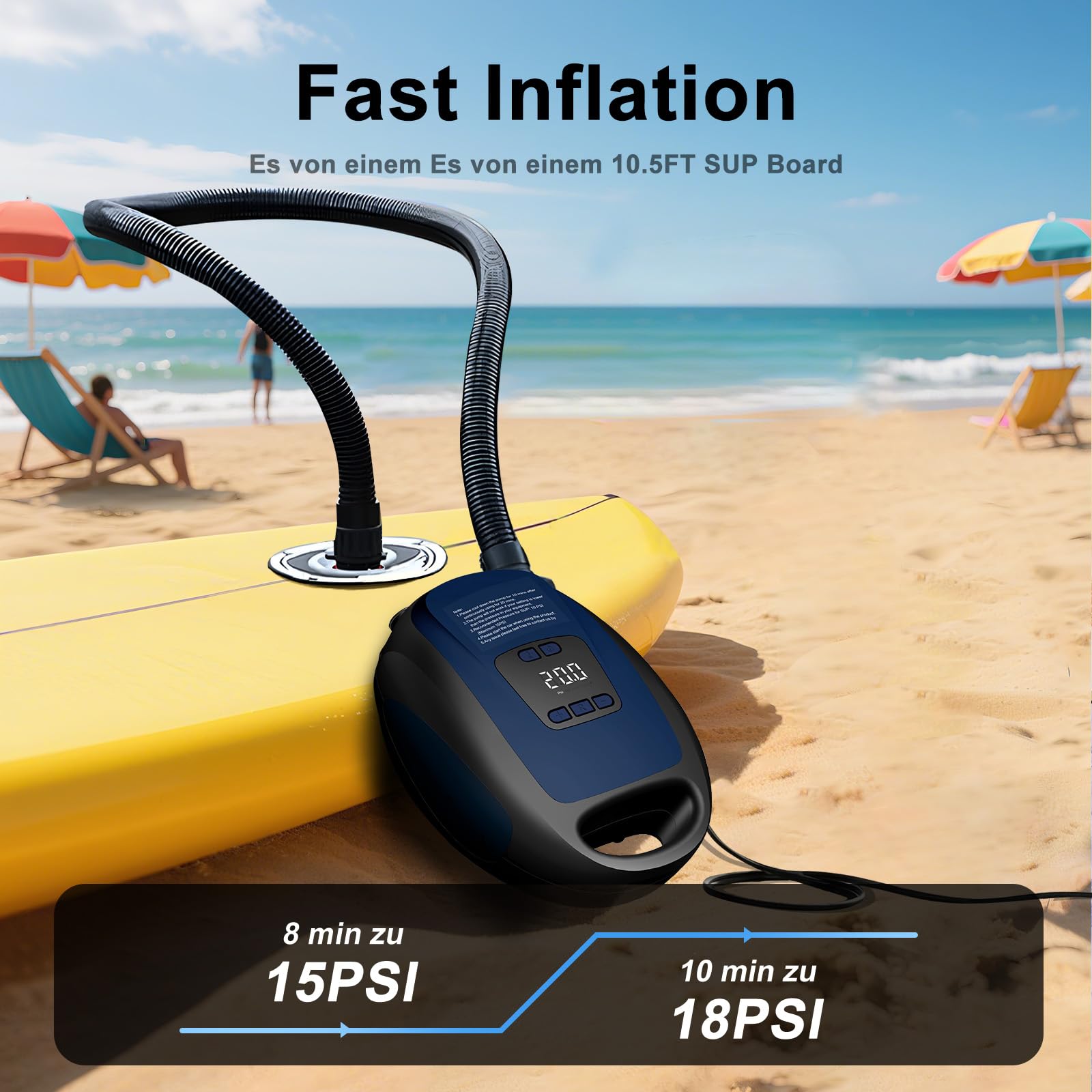 Pompa elettrica Sup – 20 psi paddle board pompa con 6 ugelli, funzione di gonfiaggio intelligente a doppio stadio, funzione di sgonfiaggio, connettore auto 12 V CC, pompa per tavole da paddle, kayak e