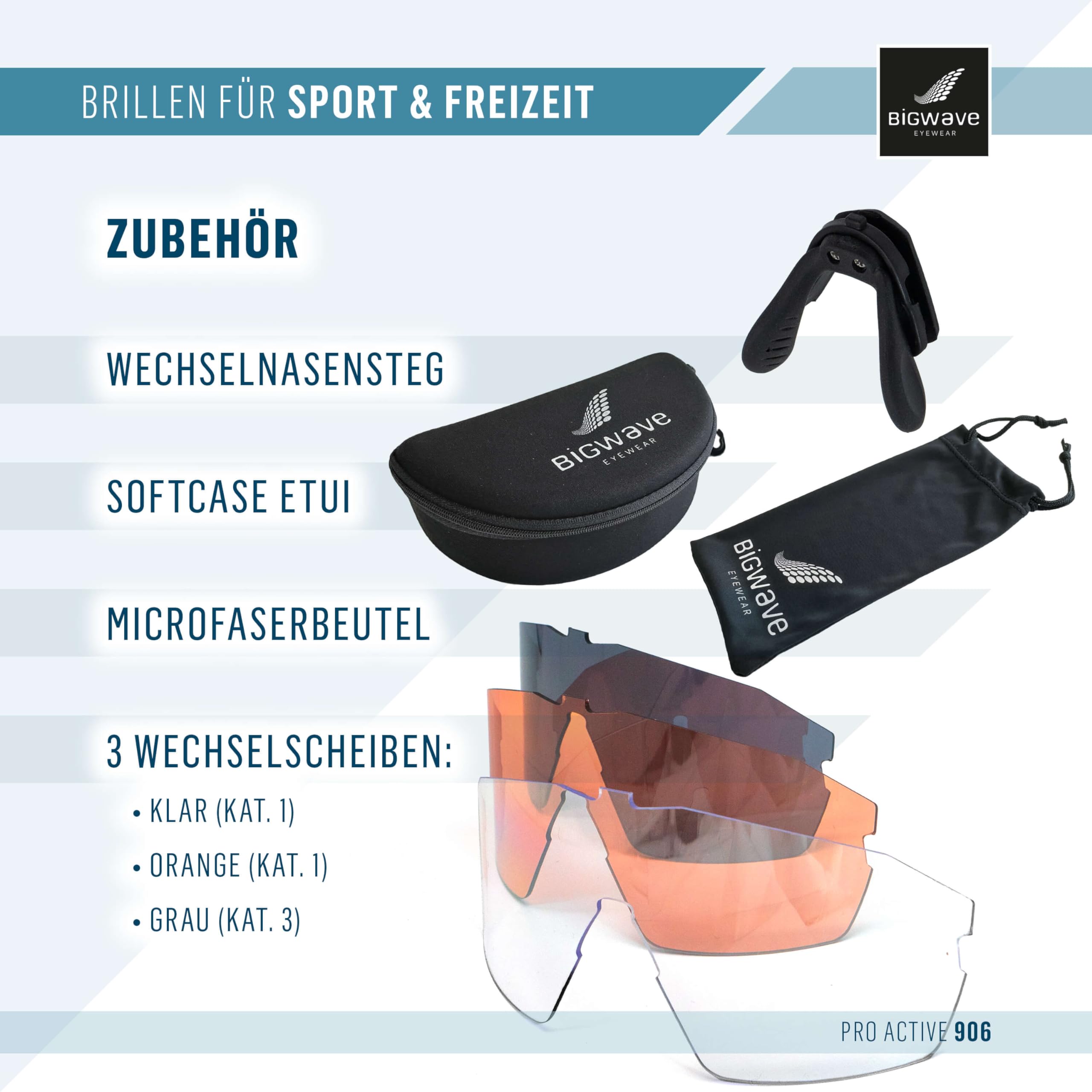 BIGWAVE Sportbrille aus bruchsicherem Grilamid TR90 – mit 3 superentspiegelten Wechselgläsern - Schnelle Brille im Shield-Design mit UV400 Anti-Beschlags-Beschichtung für Damen und Herren.