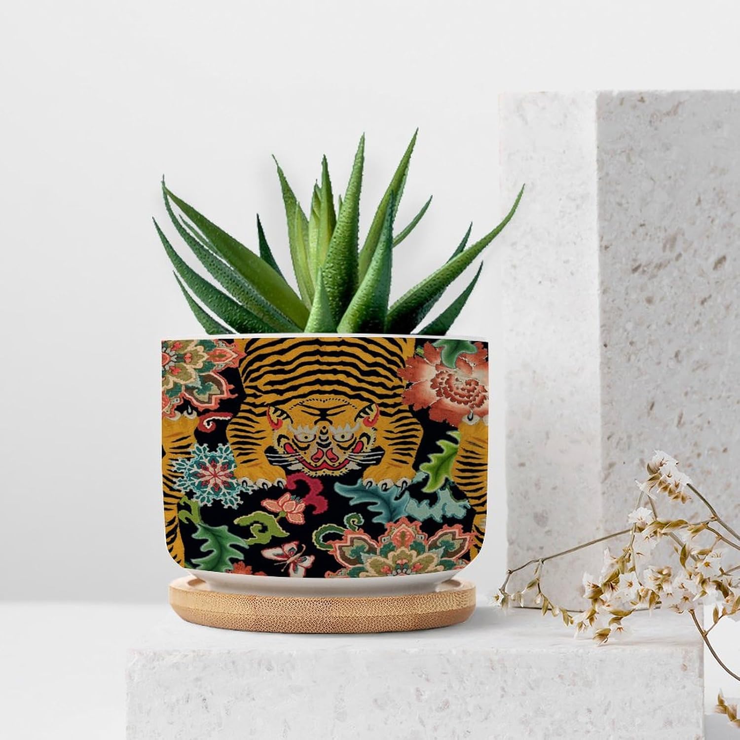 Chinoiserie Tiger Ceramic Planter Green and Turquoise Tiger Stripe Snake Plant Live Indoor with Pot with Drainage Holes and Saucers Pot for Indoor Outdoor Garden