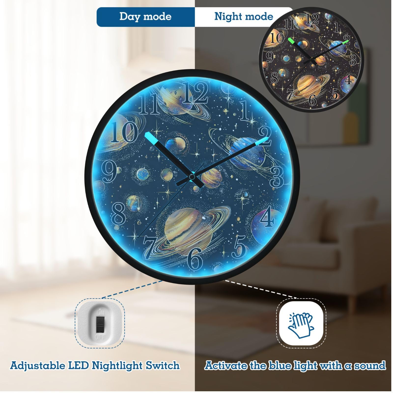 Mnsruu Reloj de pared luminoso, planetas coloridos, reloj de pared que brilla en la oscuridad, funciona con pilas, 12 pulgadas, silencioso, sin tictac, luz nocturna para dormitorio
