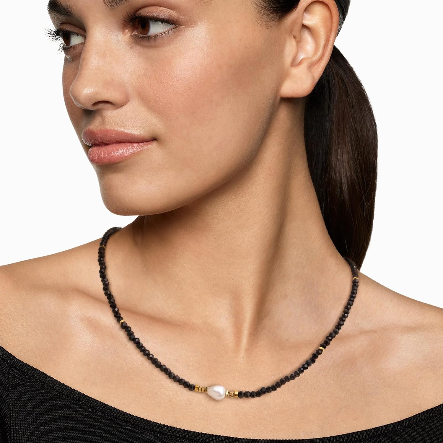 Black Gemstone Beads Pearl Choker Necklaces for Women, Handmade Adjustable Gold Ball Beaded Chain Necklace Outfit Accessories Jewelry Gift. - Image 2