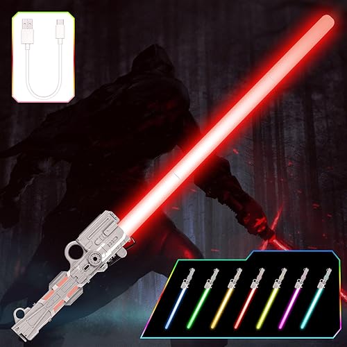 Miniatura 9 de OSDUE Sable de luz para niños, sable de luz LED que cambia de color Star Wars, sable de luz retráctil para niños de 7 colores con sonido FX,