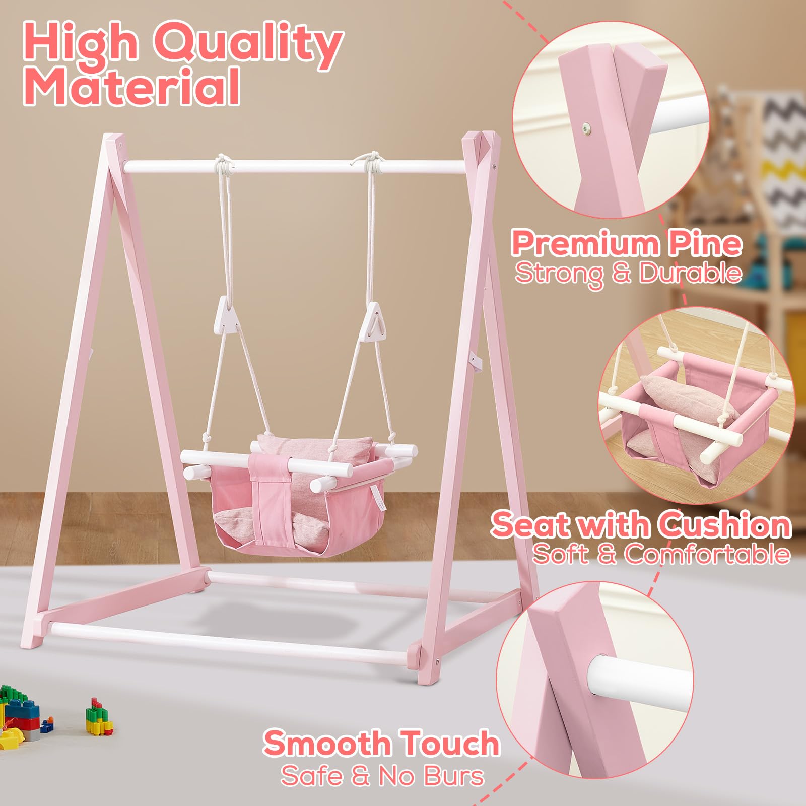 FUNLIO Columpio de Madera para niños de 6 a 36 Meses, Bebe Plegables con Pino Duradero, Columpio Portátil con 4 Sacos de Arena y Correas de Extensión para Interior/Exterior/Jardin - Rosa