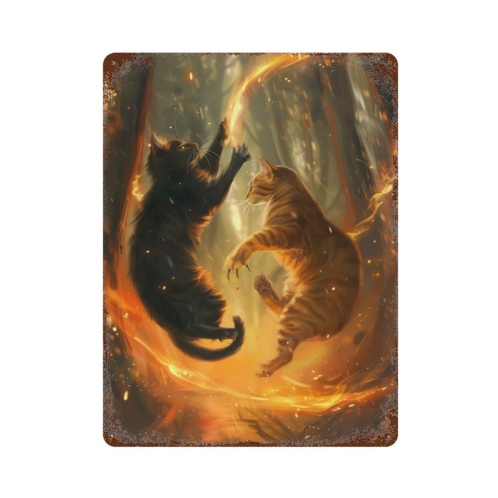 Distressed Metal Wall Sign with Ware Cats And Fire Design 15.7"x11.8", for Office, Studio And Wall Decor, Industrial Home Decor