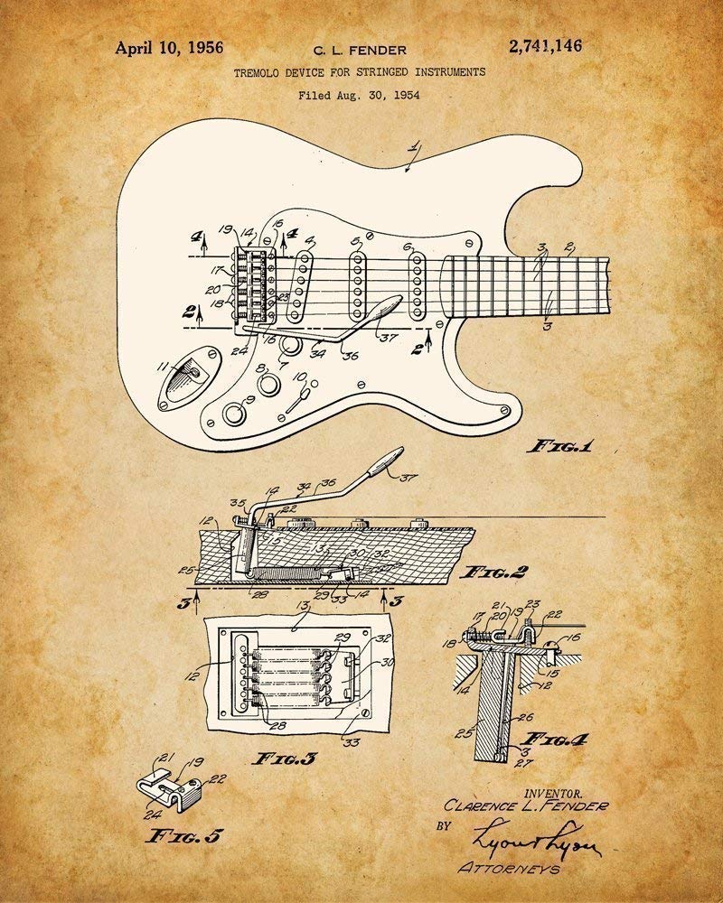 Wall Decor Guitar Patent Art Picture - Set of Four Photos (8x10) Fender Guitar Posters - Guitar Wall Pictures - Great Poster Gifts for Guitar Players, Musicians, Music Rooms, or Man Caves