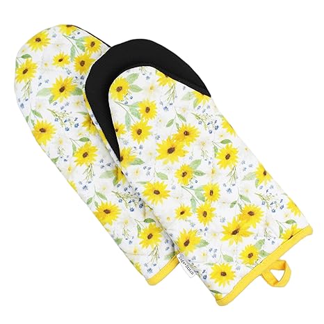Sage and Stitch Kitchen Oven Mitts for Women 5.5'' x 12'' Non Slip Heat Resistant Neoprene Grip and Hanging Loop and Long Sleeves for Baking, Cooking, BBQ, 100% Cotton Set of 2 - Yellow Sunflowers
