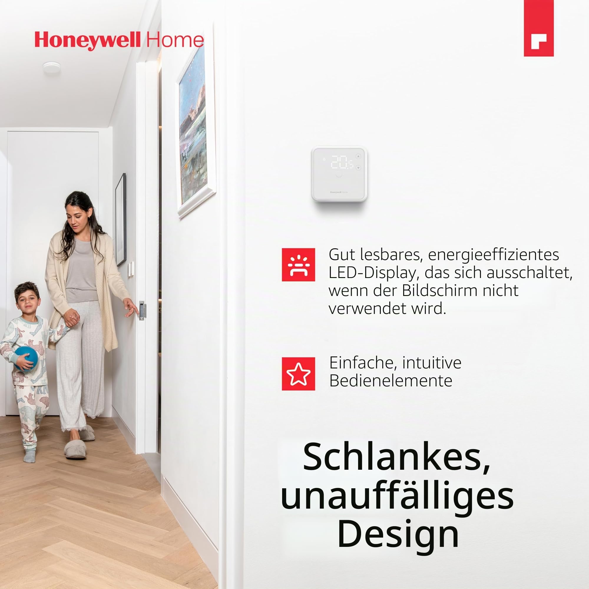 Honeywell Home Raumthermostat, leicht ablesbares, energieeffizientes Display auf LED-Basis, kabelgebunden, weiß