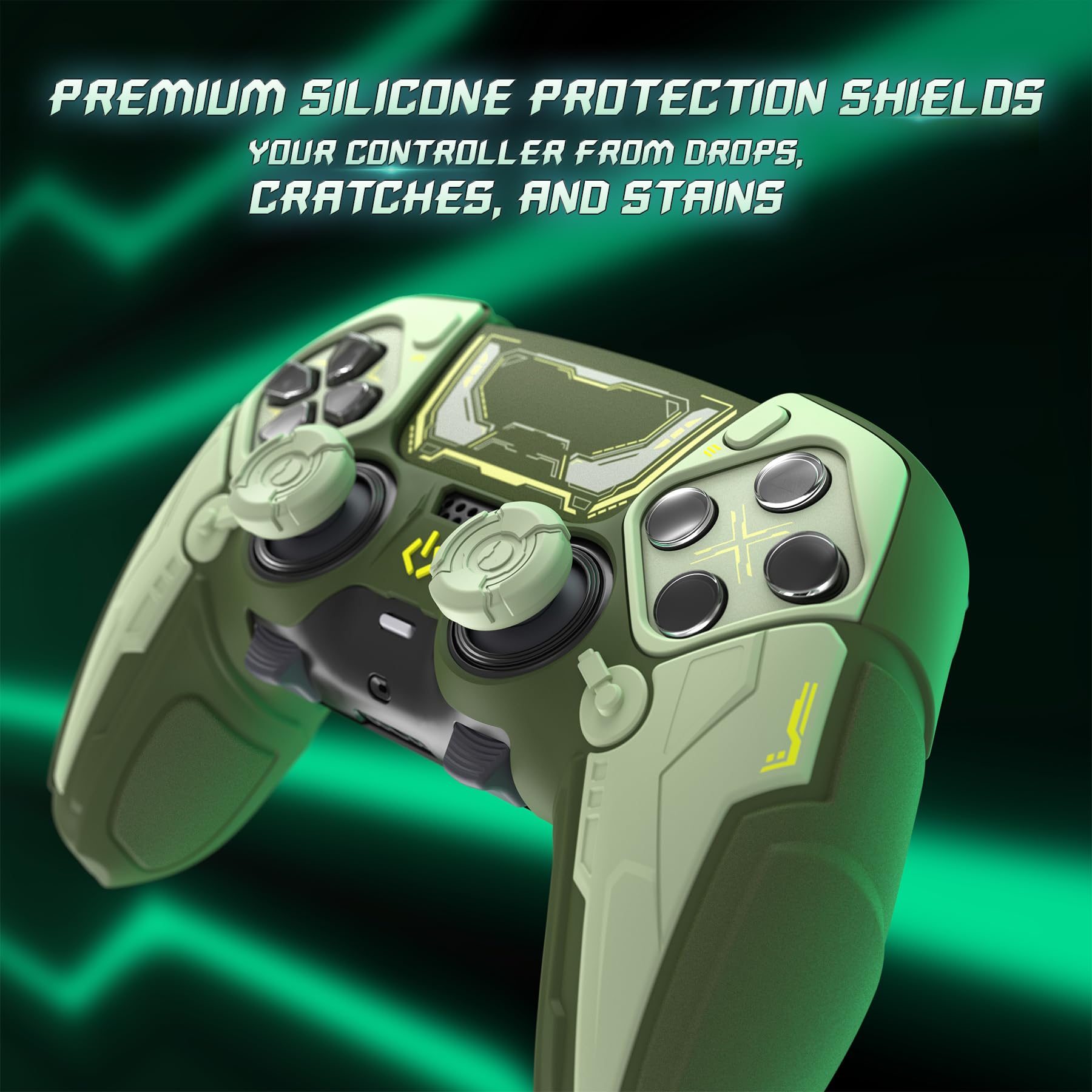 PlayVital Silikonowe Etui do ps5 Edge Kontroler,Osłona Ochronna Do ps5 Edge z Nakładkami na Joysticki i Naklejkami,Antywstrząsowy Pokrowiec – Zielony Wojskowy & Szałwiowy