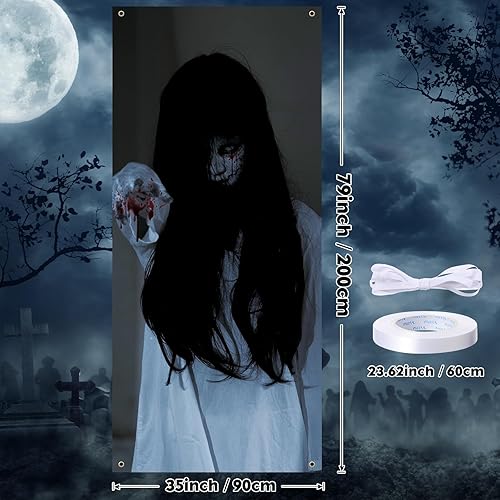 Miniatura 10 de Cubierta de puerta de fantasma de payaso malvado, decoración de puerta de Halloween, 79 x 35 pulgadas, calcomanías de payaso aterrador, carteles de