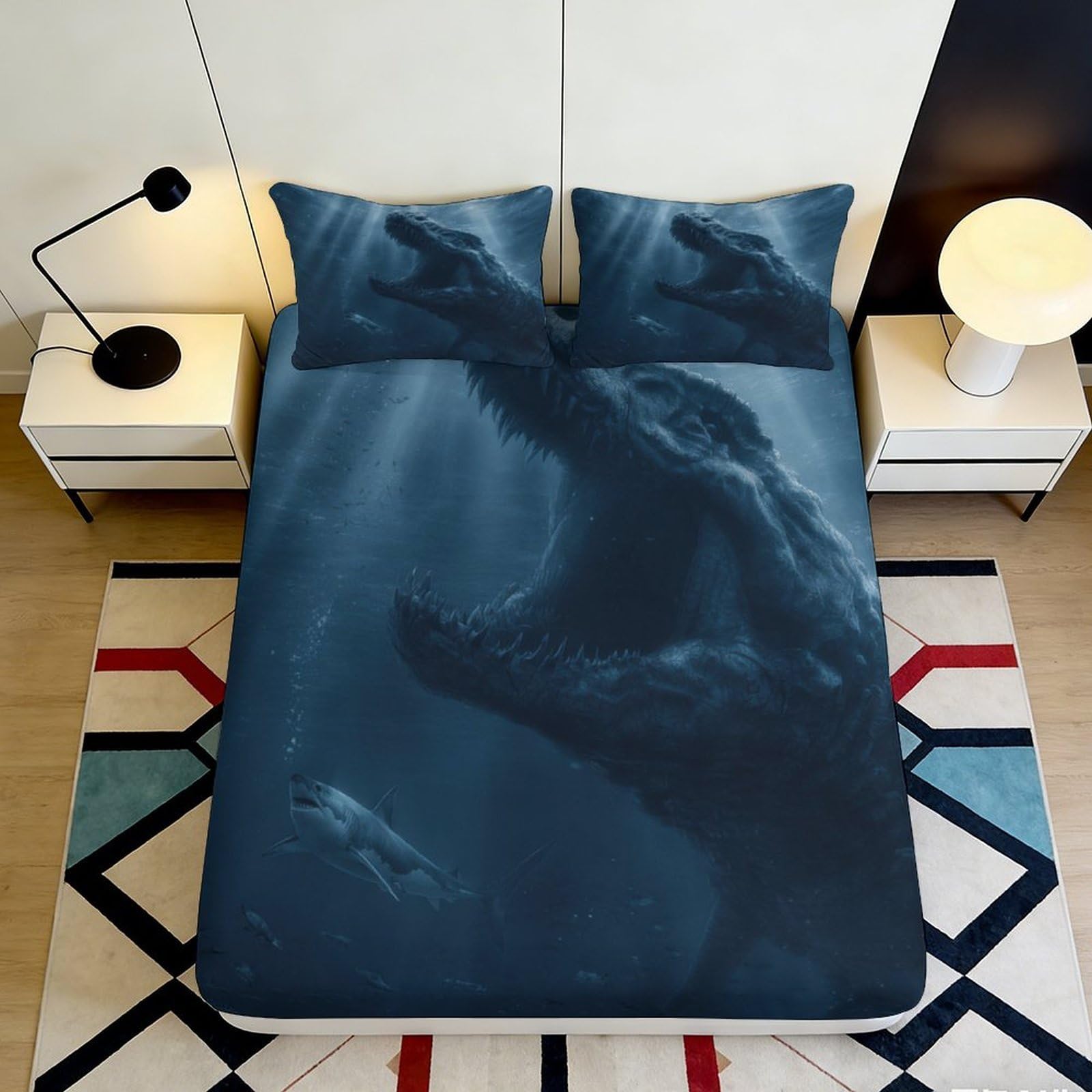 3D Printed Dark Blue Crocodile Fitted Sheet Microfiber Soft Durable Shark Bed Sheet for Bedroom Dormitory Guest Room Mattress Protection 120x200x25cm