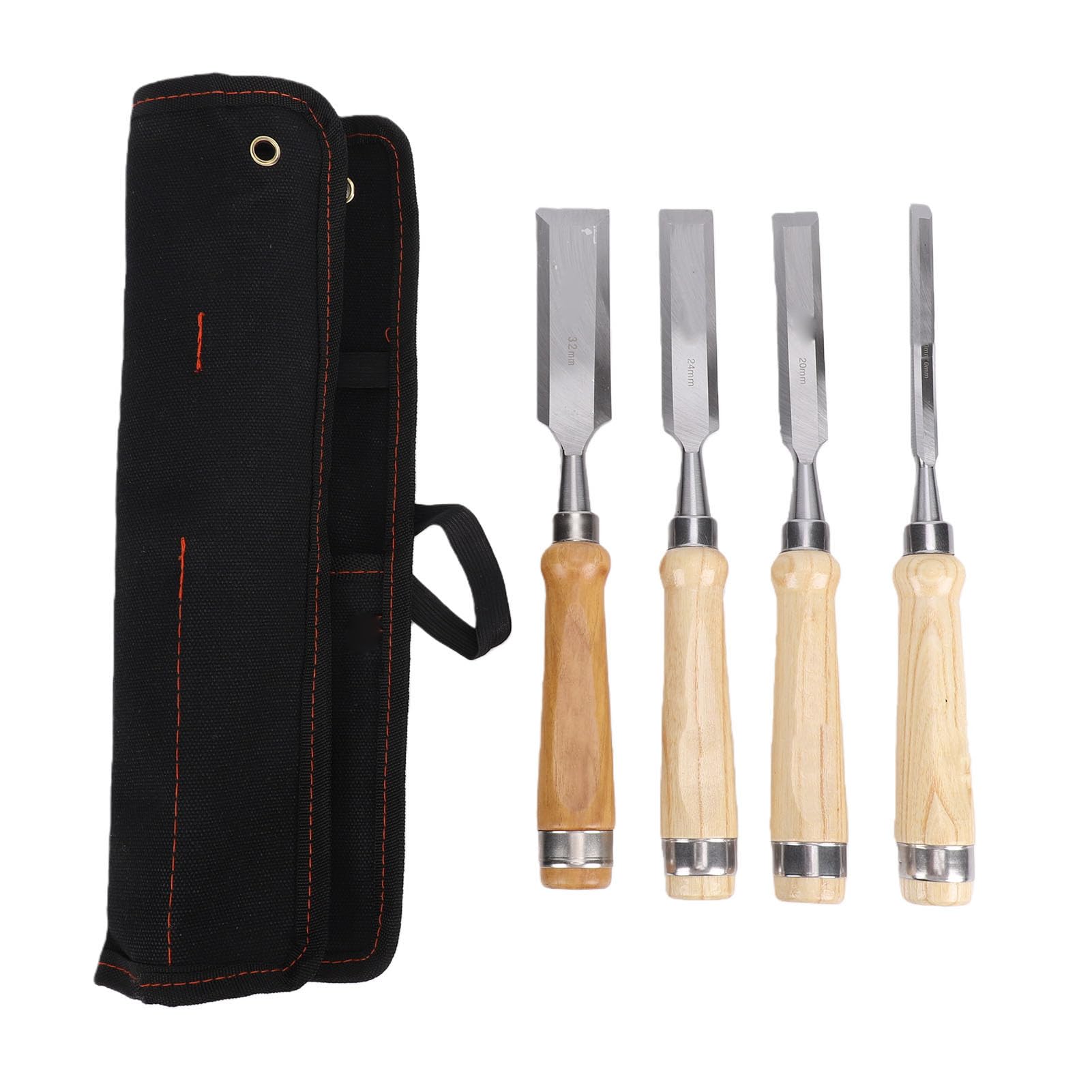 SIXRUN Set di Scalpelli per Legno Scalpelli per Legno in Acciaio CR V 4 Pezzi Lama Smussata da 10 20 24 32 Mm con Manici e Custodia per Carpenteria Falegnameria Intaglio Modellazione