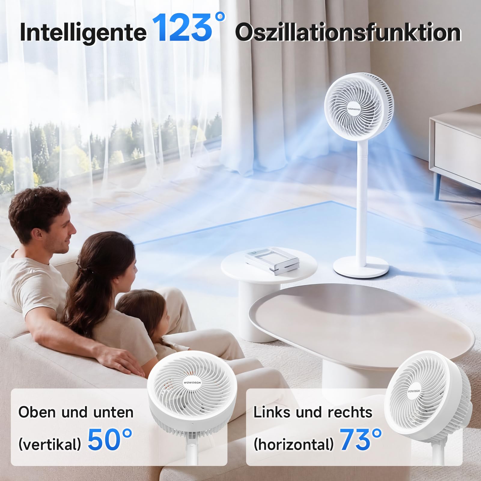 WOWDSGN Standventilator 2-in-1 Stand- & Tischventilator, 3 Geschwindigkeitsstufen, 36,8–106cm höhenverstellbar, 38W Kraftvoller 5-Blatt Lüfter Ventilator Luftzirkulation für Schlafzimmer