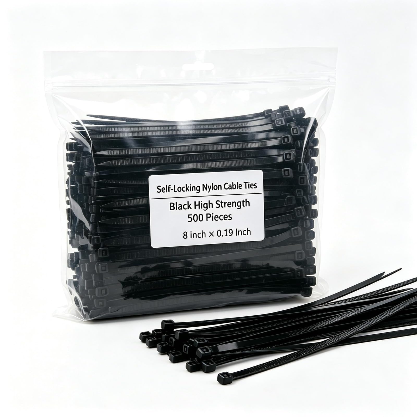 WAISHAT 500 Pack Black Cable Ties, 8" Premium Nylon Zip Ties, Self-Locking