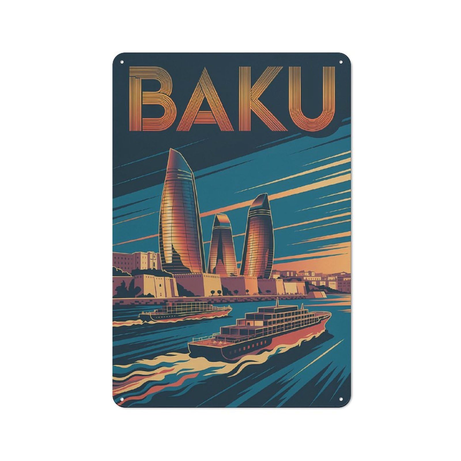 Junmoney Style-17 Baku Cityscape Travel Distressed Look Metal Wall Decor 30X20cm, Vintage Tin Sign For Living Room, Hallway, Kitchen Or Cafe