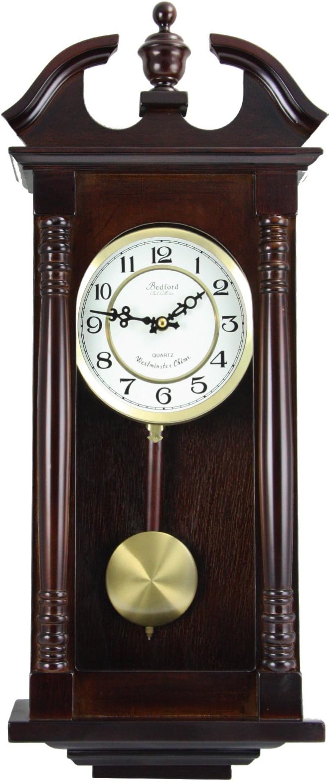 Bedford Clock Collection Classic Chiming Wall Clock with Swinging Pendulum in Cherry Oak Finish, 4.75" L x 11.75" W x 27.50" H