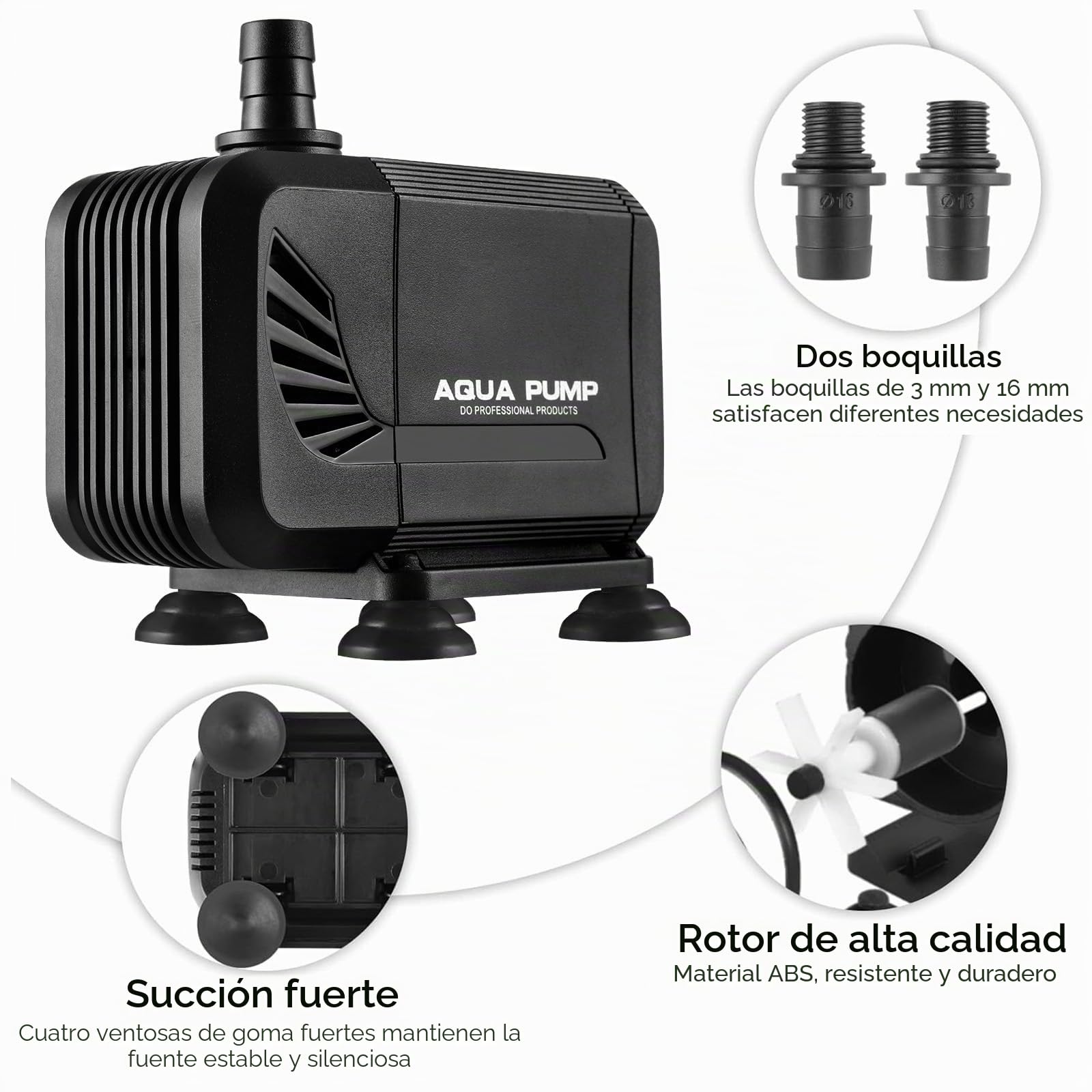 Bomba de agua para acuario, bomba sumergible de 1500 l/h, para estanque, pozo, ultra silenciosa con filtro y 2 boquillas de 13 mm/16 mm, altura máxima de extracción de 1,6 m(15 W)