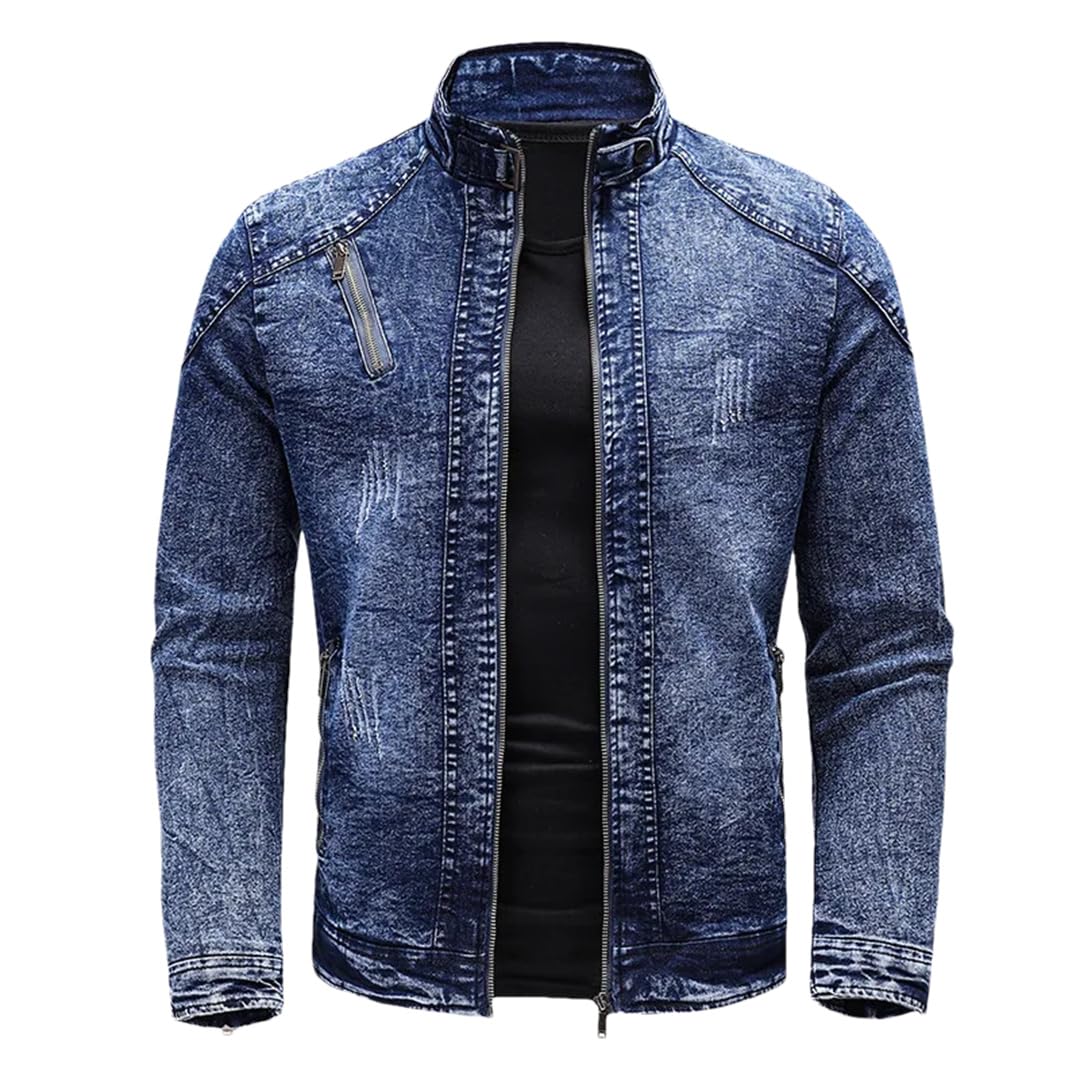 Mężczyźni Retro Zamki Stojący Kołnierz Slim Fit Moto Biker Odzież Wierzchnia Motocykl Kurtka Dżinsowa