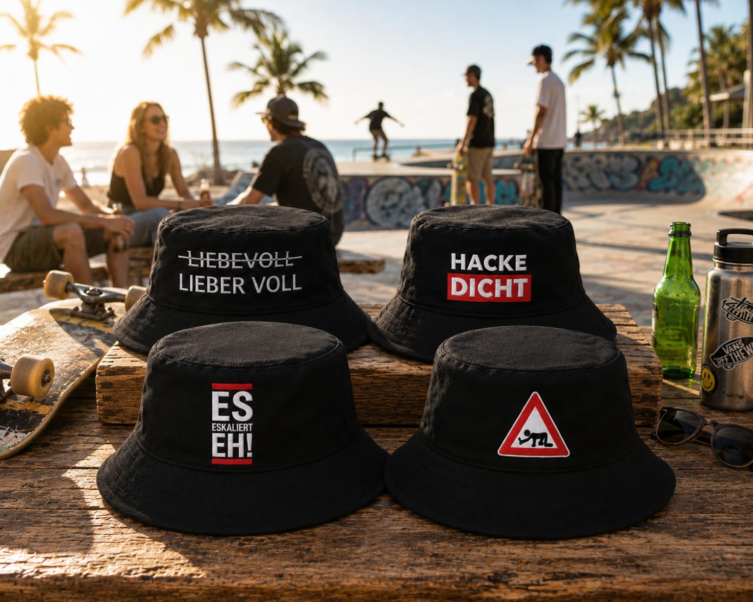 KAMACA 4er Set Fischerhut Partyhut mit Spruch – Bucket Hat – Lustige Partyhüte für Festival, Mallorca Urlaub, JGA, Strand & Sommerparty – Einheitsgröße Unisex