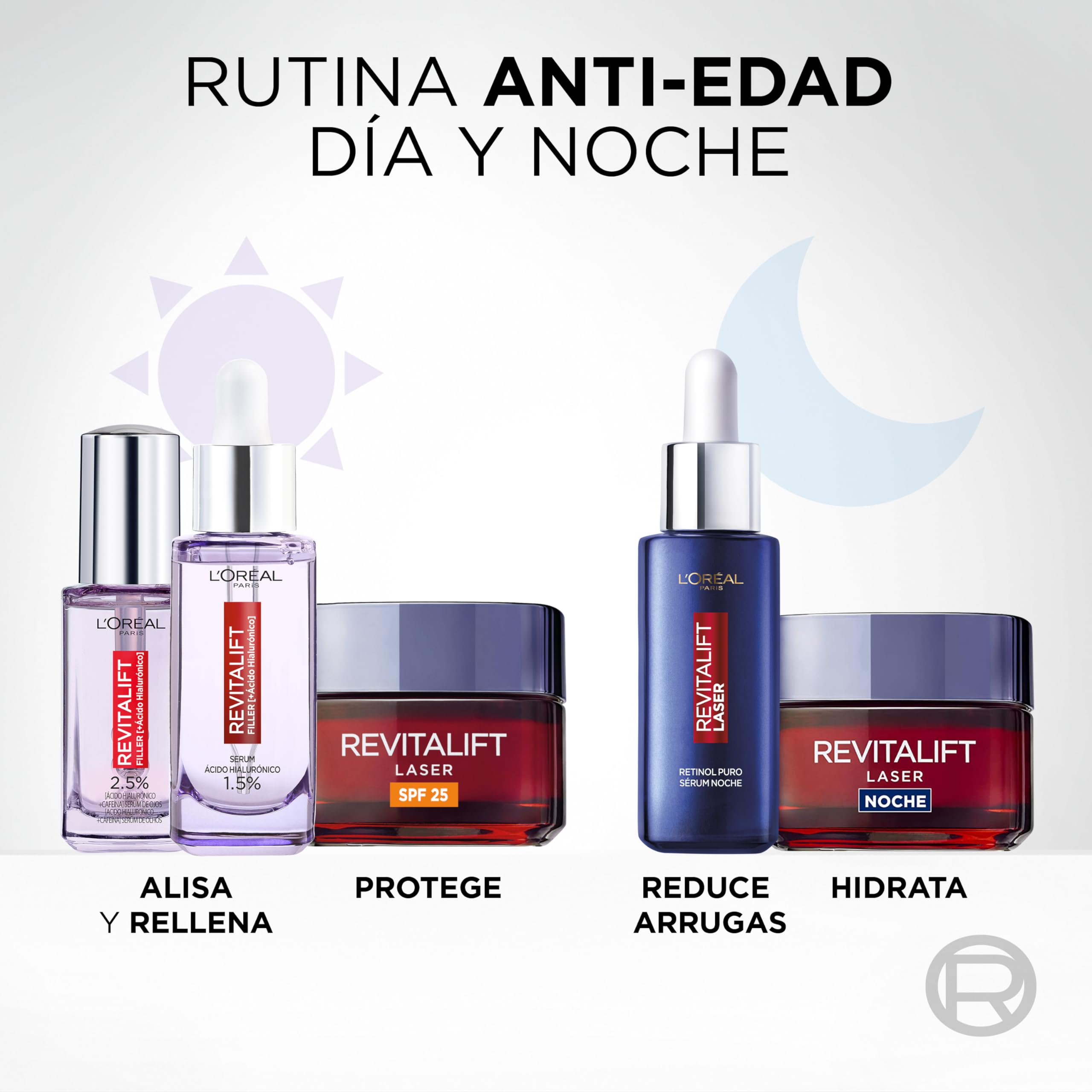 L'Oréal Paris Rutina Día y Noche Serum Filler Antiarrugas con Ácido Hialurónico, Péptidos. Hidrata, Ilumina, Rellena+Serum Laser con Retinol. Antiedad y Antiarrugas. Inspirado en cosmética coreana