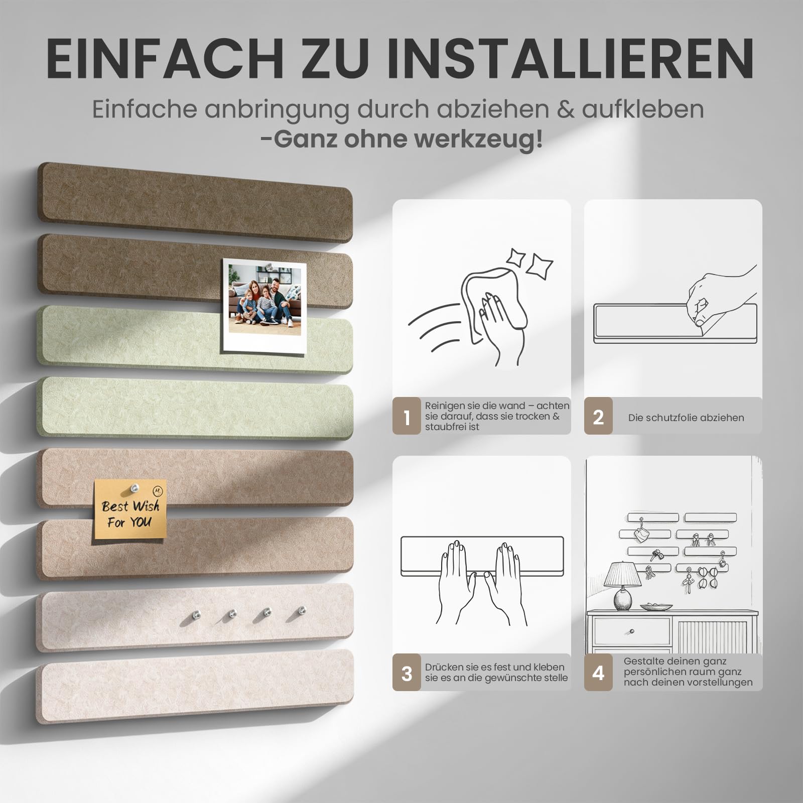 Filz Pinnwand Selbstklebend mit 40 Pinnnadeln, 8 Stück Pinnwand Bar Streifen Filzboard Memotafeln Fotos Filzplatte Bulletin Board Wanddekoration für Zuhause, Büro